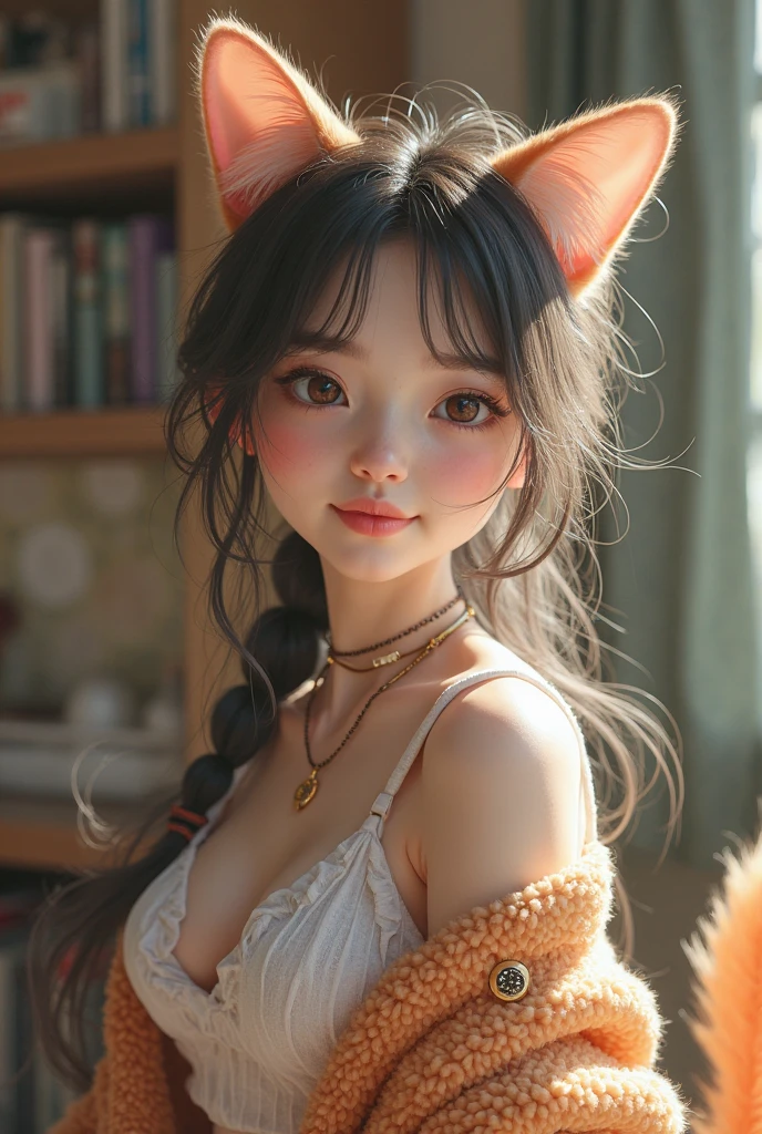 (Highest quality、Tabletop、In 8K、Best image quality、Hyperrealism、Award-winning works)、1 beautiful girl、Real cat ears、Cat girl、Real fur clothing、Open the chest、Extremely realistic fur、Fluffy fur long knit、Real fur long knit、Upper body photo、Flat Chest、Small bust size、Accurate anatomy、The biggest smile looks at me、(The most natural and accurate furniture:1.1)、Very bright、Perfect Makeup、Luxury Living Room、Blurred Background