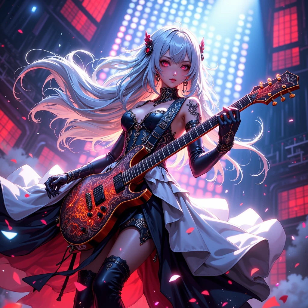cinematic lighting,super dense skin、Beautiful quality with attention to detail,perfect anatomy(Detailed beautiful facial features、red eyes:1.3)A gorgeous and erotic rock fox girl、 sly way of laughing（play the guitar女の子、highly detailed hands:1.2）Big city buildings at night、building roof、Skyscraper、play the guitar（highly detailed feet:1.3）、dynamism（shining moon、beautiful night:1.5）nine-tailed fox girl、whole body