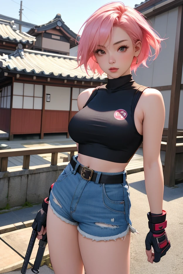 1 menina,corpo sexy,Corpo Perfeito,Roupas muito apertadas,Mostra muita pele,Roupas Sexy,,Seios espreitam,Standing in the garden,Close-up,arms behind back,sakura haruno,faixa de cabelo vermelho, ((camisa branca)),black jeans,hot, seios grandes, Front view, sentado, quarto, Sente-se na cama((desabotoar camisas))