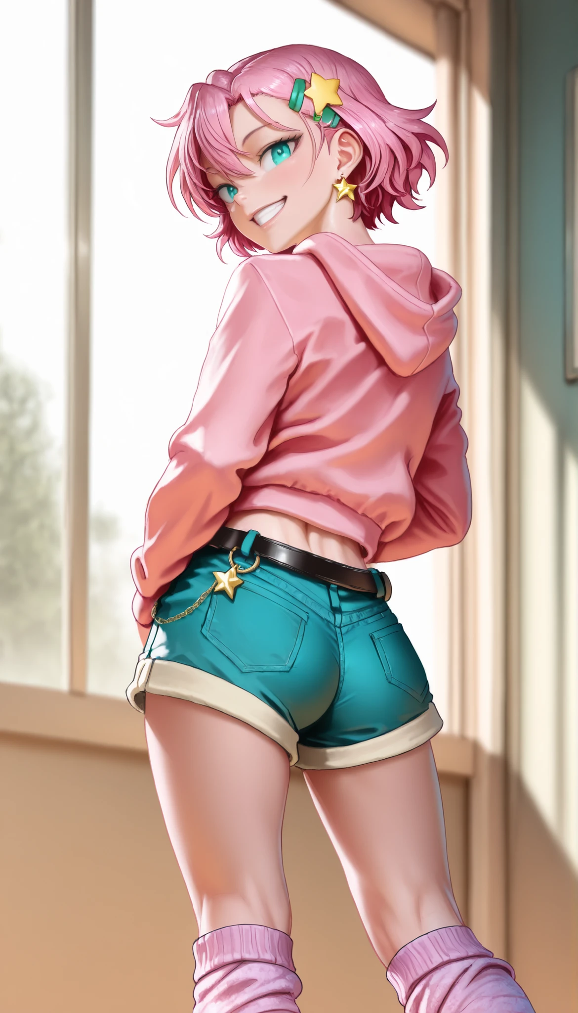 masterpiece, best quality, amazing quality, indoors, daylight, 1guy, (femboy:1.2), tall, short ombré hair, hairclips, bright teal eyes, neon pink hoodie, shorts, leg warmers, small star earrings, an anime charm belt, (back turned to viewer:1.3), backside shot, playful, grin, upper body shot,
detailed skin, expressive eyes, depth of field, cinematic angle, inviting atmosphere, emotional depth, narrative elements, intricate details, looking at the viewer, ultra detailed, realistic 2D anime, 2D, HDR,