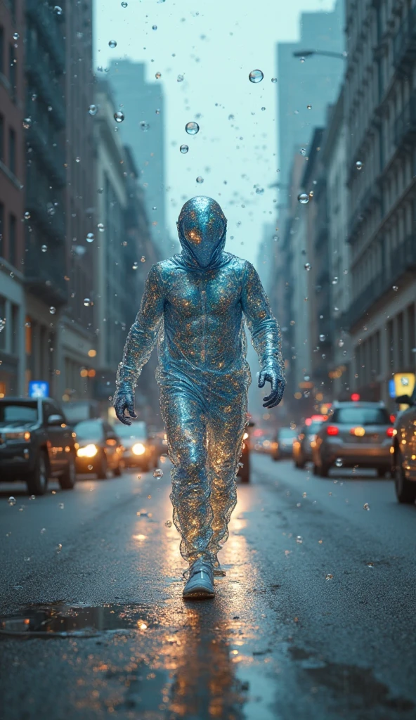 portrait of a water man (made of water:1.4) standing in the street, made of fluid, transparent water