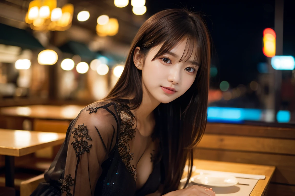 8K、Raw photography、(masuter piece:1.2)、(Photorealsitic:1.2)、(best qualtiy)、((Black luxury dress))、((adult lady))、((japanes、25-years old))、Light brown hair in one woman、((full body Esbian))、make - up、Smart body、A smile、Poses variadas、hyperdetailed face、A detailed eye、((No close-ups))、(dinner、Sitting at a table in the night view)
