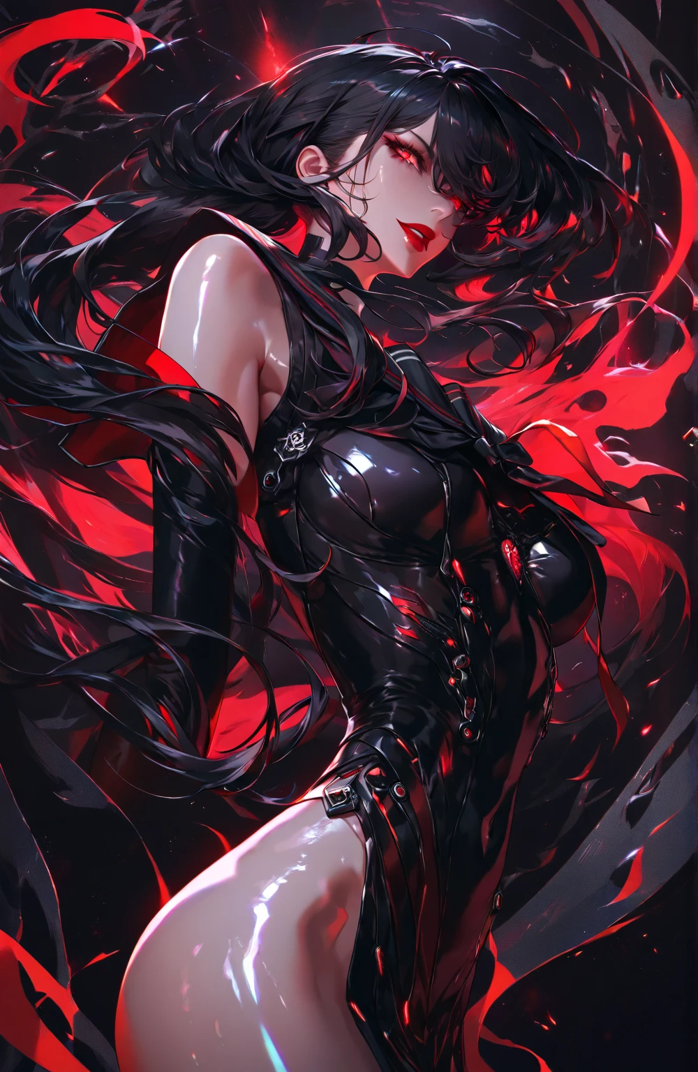 1 Vampires, (Female:0.8), poison fangs, Blood, Neck bites, Pale skin, intense eyes, Seductive expression, cybernetic enhancements, cyberpunk (Blood dripping:1.2), (Erotic atmosphere:1.3), Dark hair, Long flowing hair, (Black lace dress:1.2), (cropped shoulders:0.9), (Red corset:1.1), (Torn clothing:0.8), (Seductive pose:1.2), (Moaning:1.4), (Moonlight:1.3), (gothic environment:1.2), (haunting background:1.1), (lifting one leg:1.2), (Glossy lips:0.9), (Whisper sweetly:1.2), (sensual lighting:1.3), (Long nails:1.1), (Heavy atmosphere:1.2), (A lingering touch:1.3), (Erotic tension:1.4).