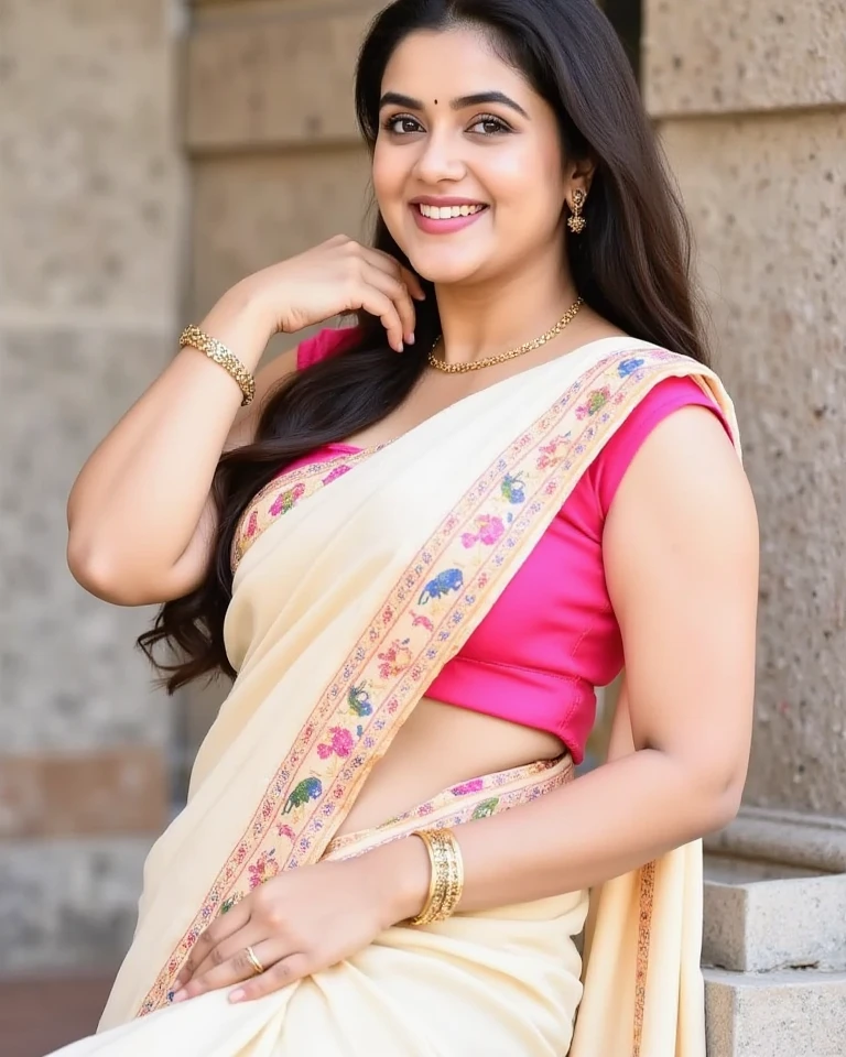 A 35Indian women, in a red designer saree,beautyfull face,light skin color,shy smile,looking at viewer,jhumka in ears,poney tail hair style,day light,glowing skin,black bindi in her forhead,flower garden background,full body,8k,ultra detailed .fat.