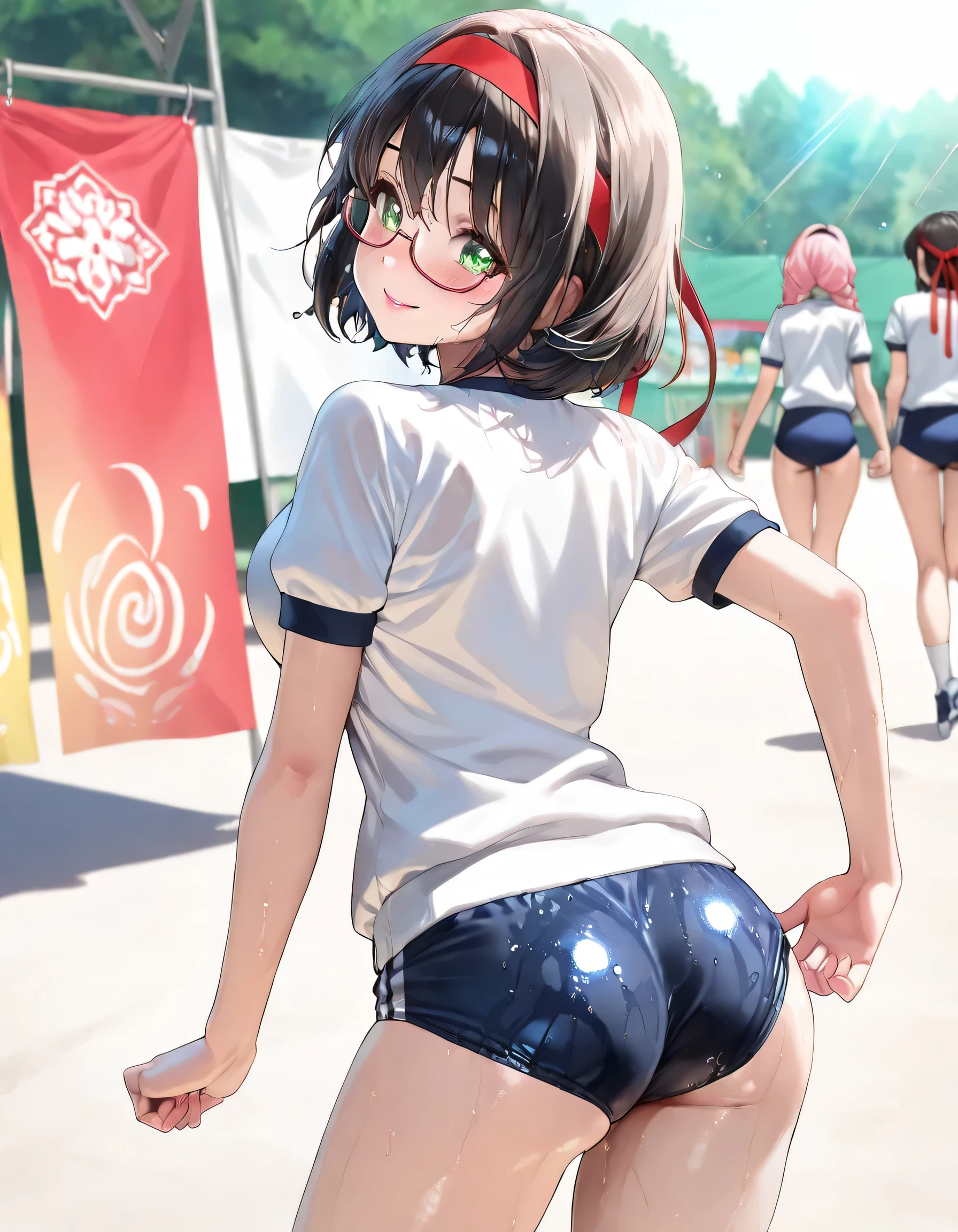 ((ultra-detailed)), (highly detailed CG illustration), (best quality:1.2), ultra-highly detailed, colorful composition, artistic photoshoot, 1girl, solo focus, thigh to top:1.2, cowboy shot:1.2, girl, moe anime character, girl, dainty facial structure, baby face, round face, rounded chin:1.2, short stature:1.3, (short hair:1.4), black hair color:1.3, green eyes, (wearing glasses:1.3), (under-rim eyewear:1.3), (underrim_red:1.3), (headband with red:1.4), low twin braids:0.3, pink lips, middle breasts, white short sleeve gym uniform with Navy blue rim:1.3, navy blue school gym buruma, smile, blush:1.3, doing radio calisthenics:1.3, all fours on the mat in the gym storage:1.3, (from behind:1.4), (turn around:1.4), wet clothes:1.2, wet body:1.2, sweat:1.2, dynamic pose, contrapposto pose, best quality, expecting, pink cheek, blush, light pink gloss slip, portrait, depth of field, sparkling sunlight, lighting, backlighting, shine, lighting, caustics, ray tracing, perfect face, lustrous skin, highly detailed face, highly detailed eyes, perfect face, perfect nose, perfect hair, perfect eyes, perfect anatomy, beautiful hair, beautiful small face, extremely detailed face, beautiful detailed eyes, beautiful clavicle, beautiful body, beautiful middle breasts, leavage, breasts squeezed together, equalize the size of the left and right breasts, beautiful thin thighs, beautiful legs, beautiful fingers, (4 fingers), 1 thumb, lovely, (very detailed background:1.0), (highly detailed background:1.0), summer aesthetic, intricate details, festival atmosphere, summer colors palette, chromatic aberration
