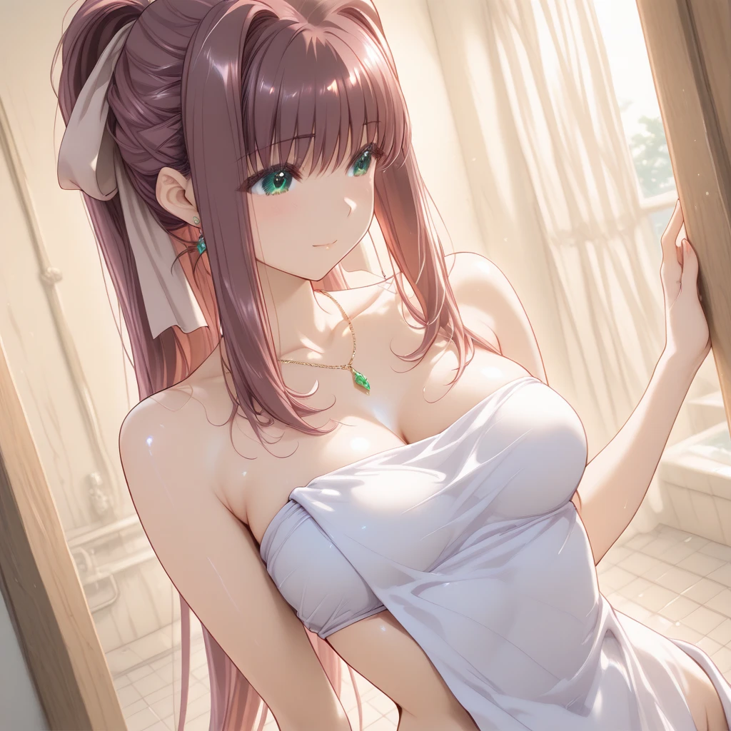women, hair a little long and ((curly)), ((by white)), Red eyes, White and purple strapless dress, standing, Whole body, at the entrance of a house, smiling.