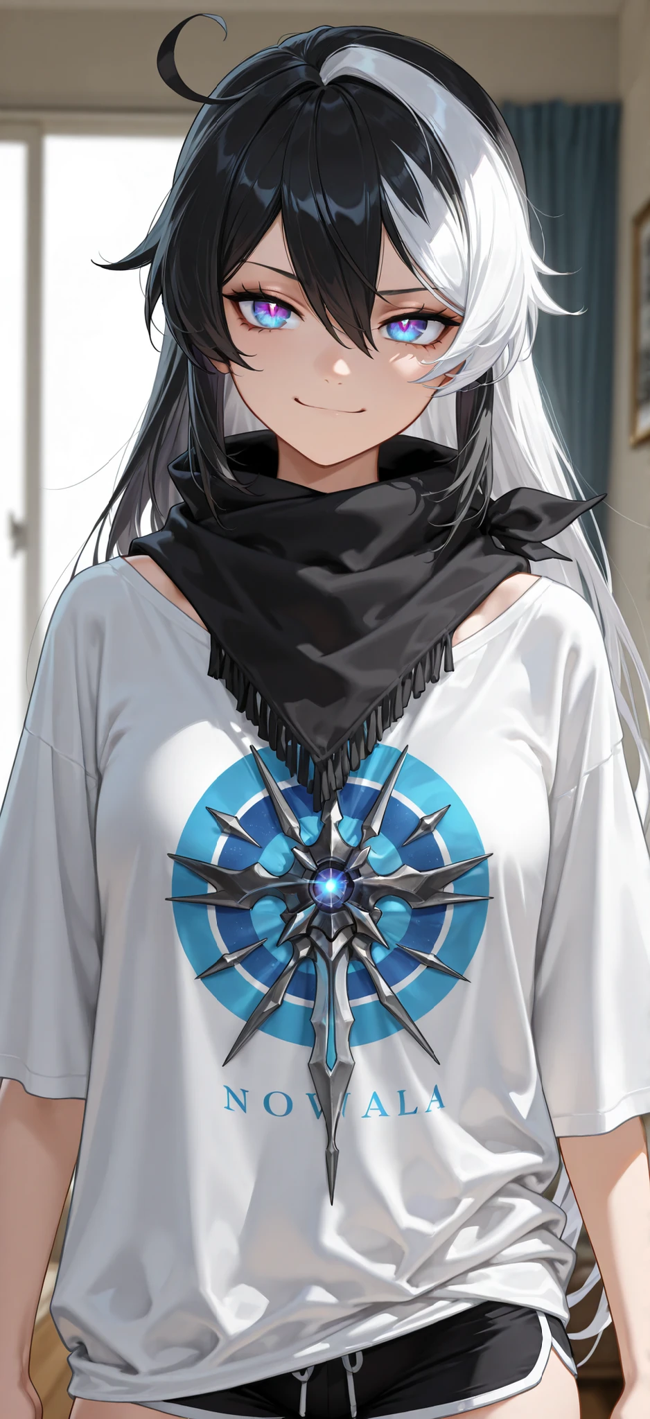 cinematic shot, masterpiece, best quality, amazing quality, very aesthetic, high resolution, ultra-detailed, absurdres, (hands:-0.15)
1girl, woman, solo, alone, (upper body focus, upper body shot:1.19), (KianaHi3, Fol005, Kia_Hof:0.22), boyshorts, smirk, white hair, (multicolored hair, black hair:1.33), two tone hair, blue eyes, purple eyes, nova eyes, kiana kaslana, bandoleer, scarf bandana, loose t-shirt, white plain oversized t-shirt, living room, novuschroma79 style, glitch art photo
BREAK, depth of field, volumetric lighting