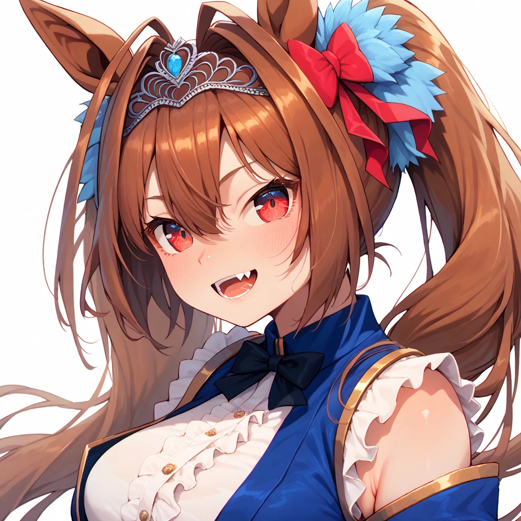 daiwa scarlet, brown hair, white background, tail, black bowtie, frills, long sleeves, animal ears, hair intakes, tiara, puffy sleeves, very long hair, 1girl, black bow, twintails, solo, looking at viewer, large breasts, underbust, horse tail, bow, horse girl, red eyes, epaulettes, horse ears, framed breasts, simple background, skirt, juliet sleeves , arms behind back ,smile