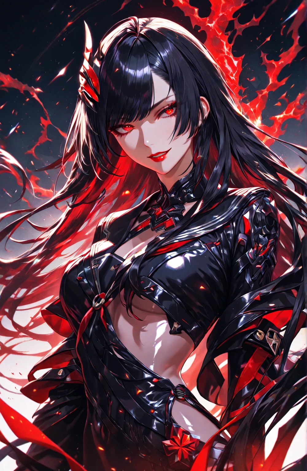 Woman in black and red Armor, black and red shoulder length hair, black mask with red lining, red and black gloves, floating, pentagram below her, raining blood, looking down at viewer
