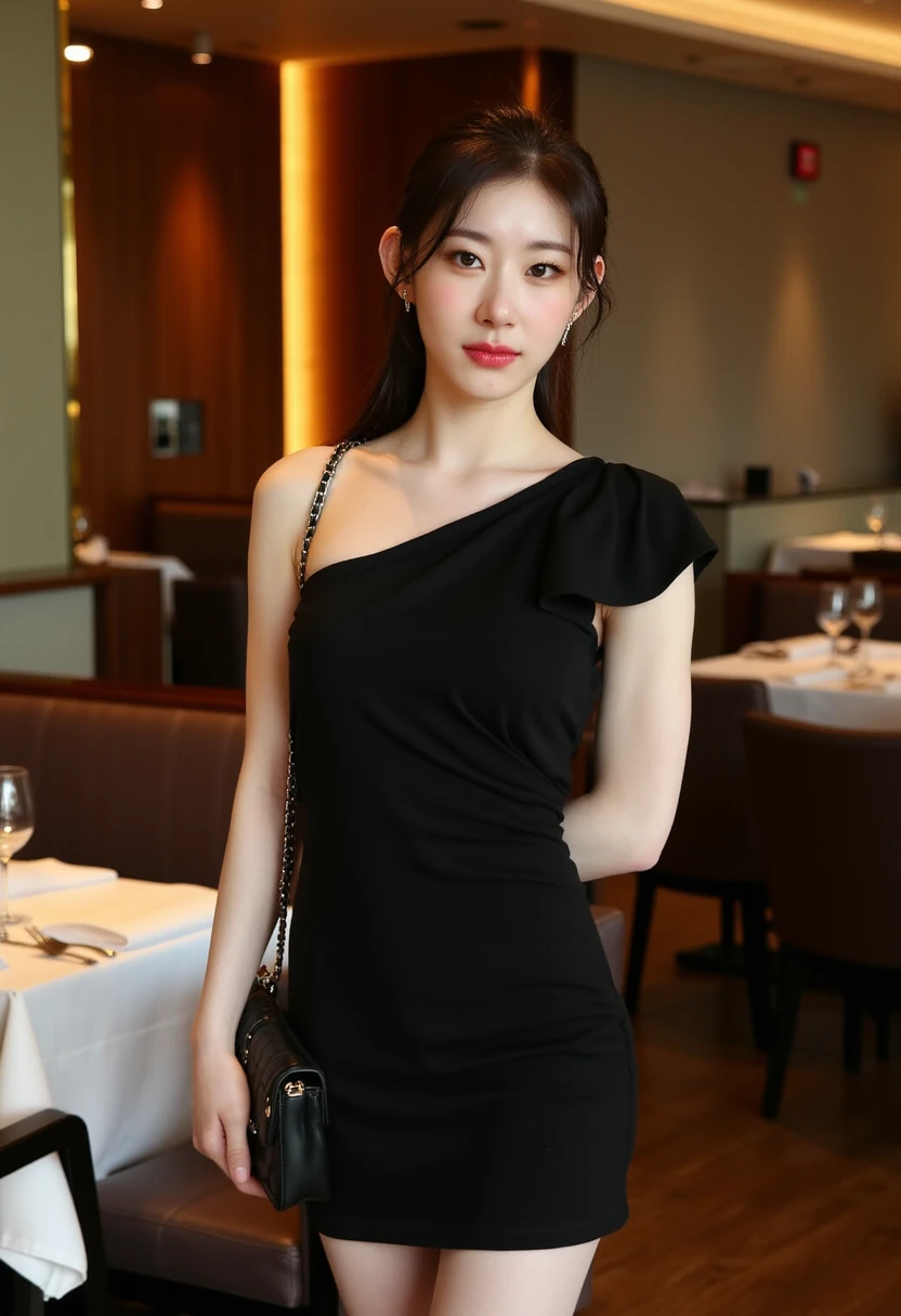 (best quality:1.4), (ultra highres:1.2), (photorealistic:1.4), (8k, RAW photo:1.2),(portrait shot:1.3), pimmmmss, 1girl, solo, black hair, long hair, looking at viewer, cowboy shot, serving, (white stockings), smile, standing seductively, at the restaurant, (holding a plate:1.4), china dress, (black dress:1.4), <lora:pimmmmss-08:0.7>, <lora:KisakiChinaDress:0.8>