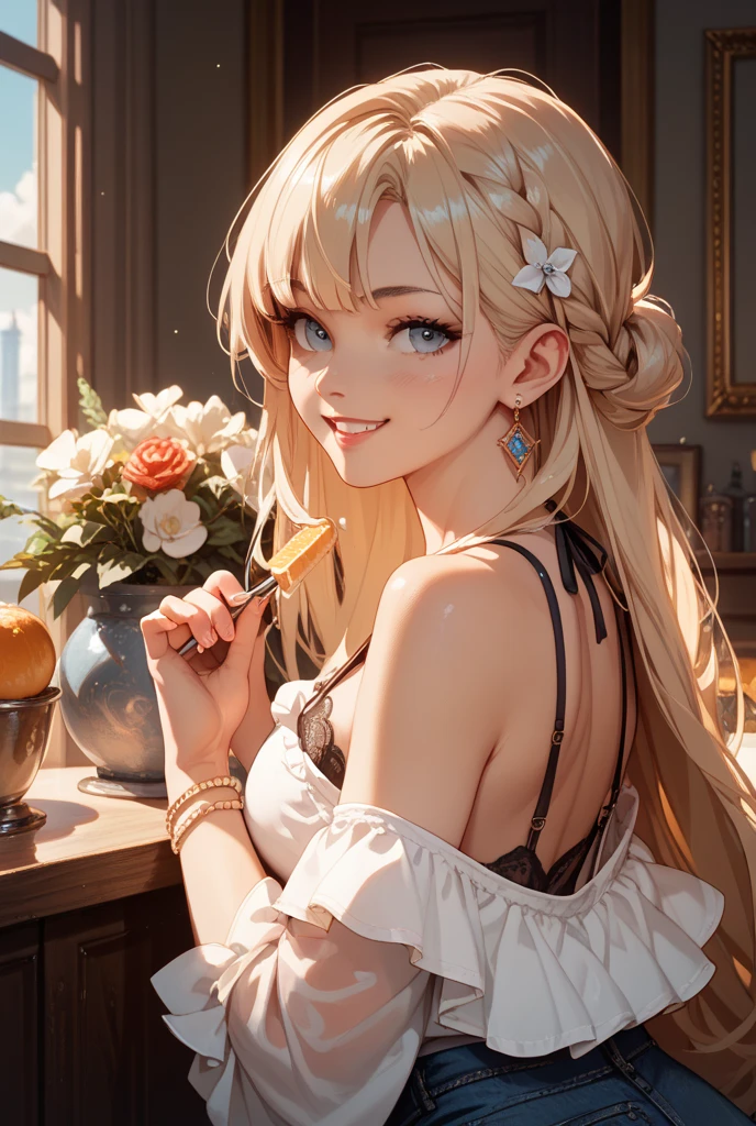 (from above:1.2),18 year old beautiful girl,Purplish blue eyes that dreamers ,(Blonde hair) , small stature, small tits,L(masuece:1.2, Best Quality),(finely detailed beautiful eye: 1.2),(beautifull detailed face),(perky chest:1.1),(pointed chest:1.2),(cakes magazine cover:1.5),(Best Illumination, extremely delicate and beautiful),sexy pose,makecocktail , in a bounter,Ultra Contrast,Braid a little around the ears, White long dress, (very detailed),(Raw photo, highest quality),(realistic, Photoreal:1.3), high detail, very detailed complex 3D rendering of face, (very detailed skin:1.2), dynamic angle, fire glow effect, professional lighting, side light, cinematic light, a super high resolution, 8K , best shadow, particles of light, Fine skin texture, detailed face, intricate details, Super detailed, shine, Please reconsider, full body,, beautiful face, shiny skin, thin, nice companion, delicate body, thin legs, naked apron, ((crawl l fours:0.4)), beautiful back, butt, turn around, A picturom a little behind, bend the body, the skirt is floating in the wind, Dark purple panties, thin Pubic hair ,(witling eyes and a contagious smile), open mouth, highest quality, high resolution, Real World, Natural light, perfect Natural Light,