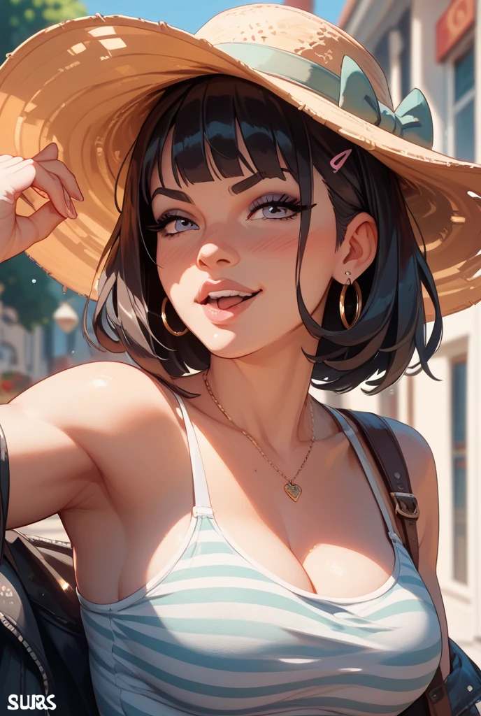 (8K, RAW photo, 最high quality, masterpiece:1.2), High-definition RAW color photo, Professional photo shoot, cinematic light, alone, (((young woman, A woman in a cow costume posing on the lawn))), (Sharp features), (Round eyes), (small face), (high detail skin: 1.2), clavicle, cute face, beautiful face, long eyelashes, (black hair, brown eyes, Highly detailed eye drawing), ((have cleavage: 1.2)), (beautiful breasts:1.5), ((very detailed女)), (tits:1.9), (thin:1.4), very detailed顔と肌の質感, detailed eyes, double eyelids, look sideways at the camera, put your hands behind your body, ((black hair, wavy hair, Bangs hide one eye)), thinボディ, ((open your mouth and laugh)), big breasts, normal hip joint, cowboy shot, (choker, cowbell, cow print bikini:1.5, boots), Upper body portrait, (Clean body), tits, field, lawn square, Trees in the background, staring eyes, beautiful skin, shiny skin, perfect fingers, five fingers, anatomically correct, background bokeh, high quality, surreal, bright colors, ((very detailed, photo shoot)),
