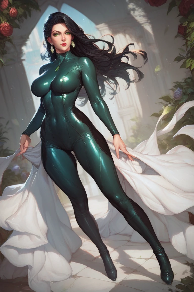 masterpiece, highest quality, (solo focus), (perfect face:1.1), (full body), (high detail:1.1), (hyper-detailed eyes), dramatic, a woman with pale skin and long voluminous dark green-black hair, green eyes, solo, long hair, arrogant expression, cybernetic outfit, heels, art by artgerm, cinematic lighting, fashion, BalenciagaStyle