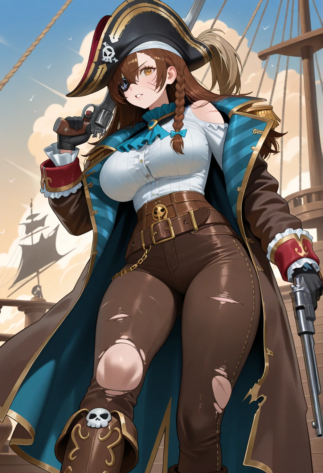 one Rebecca captaining a pirate ship, long brown hair, blue eyes, large boobs, stormy weather, lightning, extremely detailed artgerm, beautiful alluring anime woman, seductive anime girl, detailed digital anime art, [ 4 k digital art ]!!