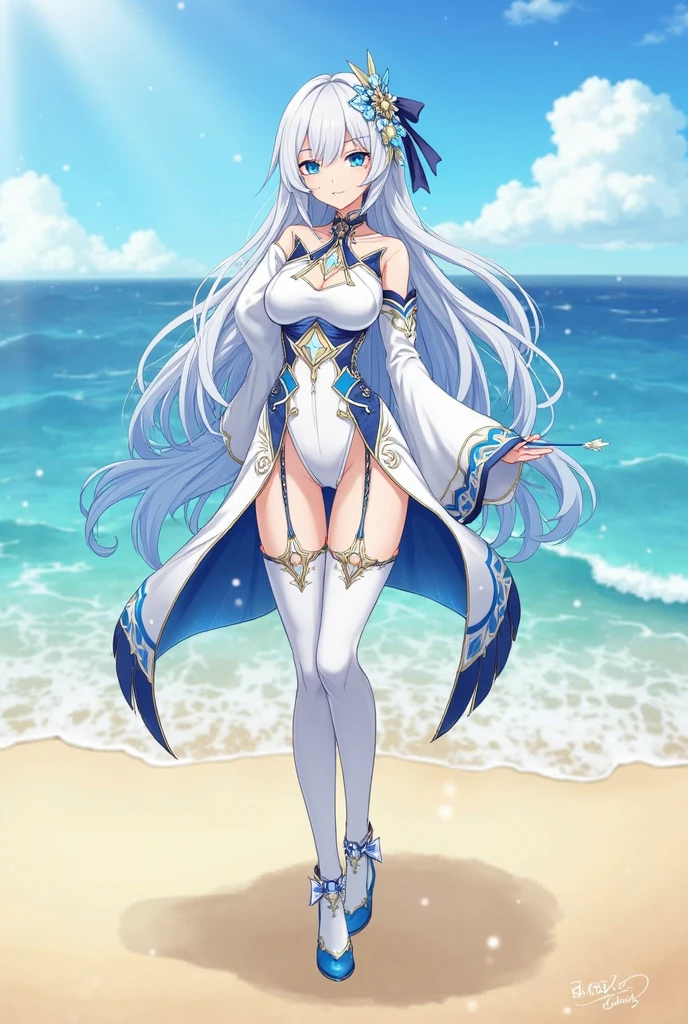 Create an anime-style illustration of a 17-year-old girl named Shizuka. She has long, straight, blue hair with bangs cut straight across her forehead. She has large, almond-shaped silver-blue eyes and porcelain-like white skin. Shizuka often wears glasses.(Highest quality:1.4), (super high quality), (Very detailed)Beautiful sea at sunset、The sea is sparkling、Gradient of the evening sky、Super big breasts、One-piece swimsuit combat costume、Glittering costumes、Clothes with lace、Emphasize the chest、See-through costumes、High and small nose、Long Hair、Glasses