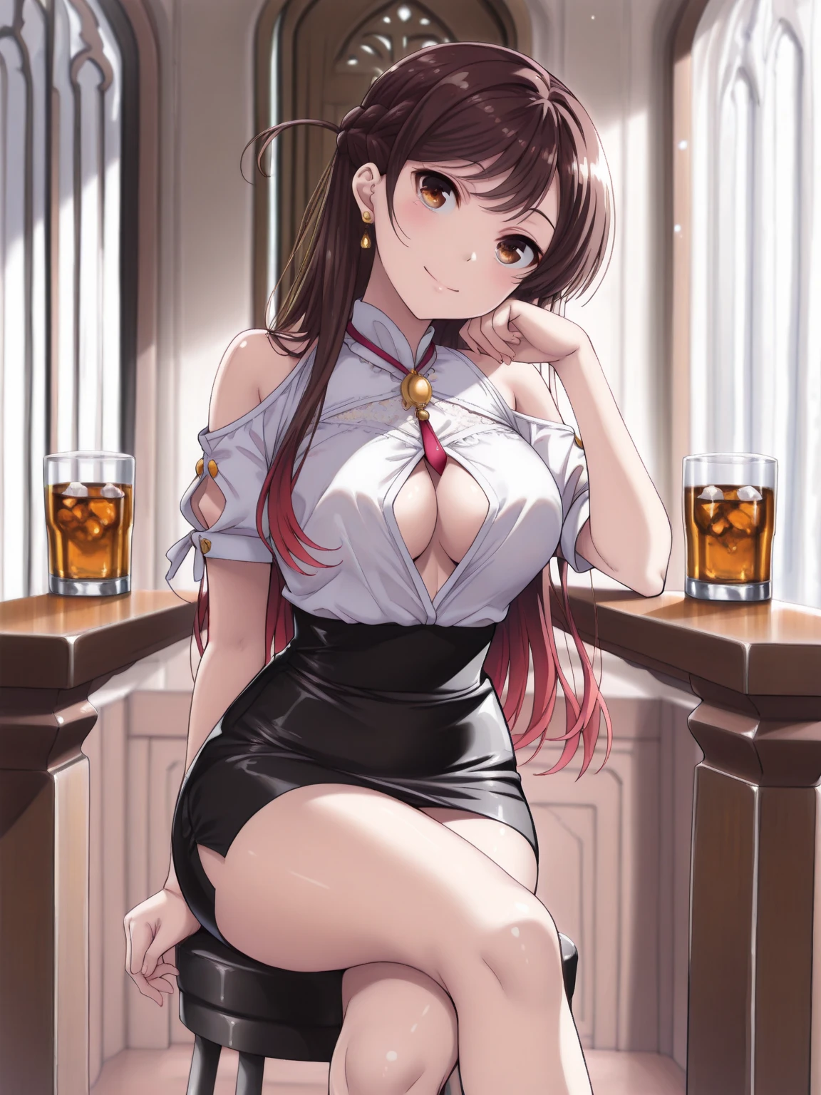1 Girl, Natural Lighting, masterpiece, Very detailed, illustration, Game CG, absurd, high quality, Love sauce, (((Full and soft breasts,)))(((Huge breasts))) (((Cleavage))) (Perfect curvy figure), Beautiful and delicate eyes, Brown short hair, Side braids, clavicle, Vest, Short pencil skirt, High Leg Raise, sleeveless, Neck strap, Hostess Club, bar, welcome
