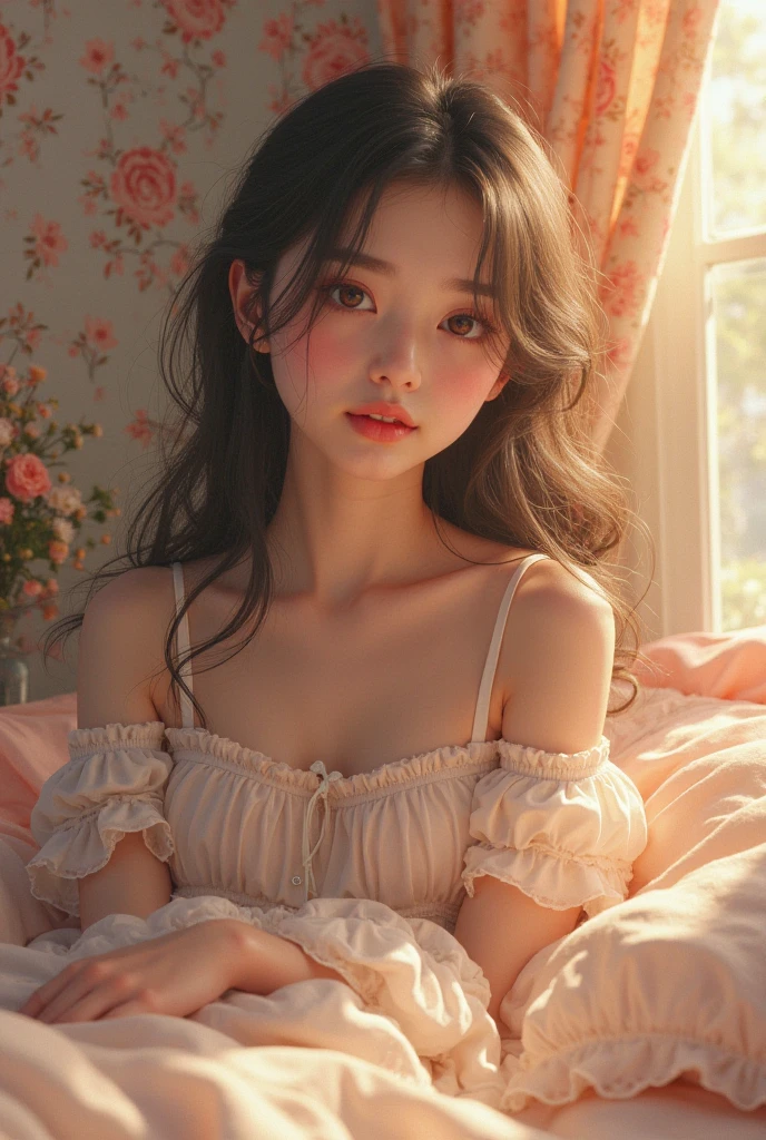 girl sitting on the floor, Shiny brown hair, beautiful detailed eyes, Serene smile, peaceful expression, Delicate facial features, Cross-legged pose, surrounded by pillows and cushions, soft ambient lighting, Cozy atmosphere, unique patterned carpet, intricate details on the carpet,Boho-chic style, bright colors, a book, lying next to her, Floral Print Dress, natural sunlight, flowing through the window, vintage room decor, wooden floor, a small plant in a pot in the corner, a cup of steaming tea on a bedside table, A light breeze sways the curtains, art painting on the wall, peaceful and contemplative mood, high resolution painting with rich textures and brush strokes, Atmospheric lighting, A magical and dreamy atmosphere.