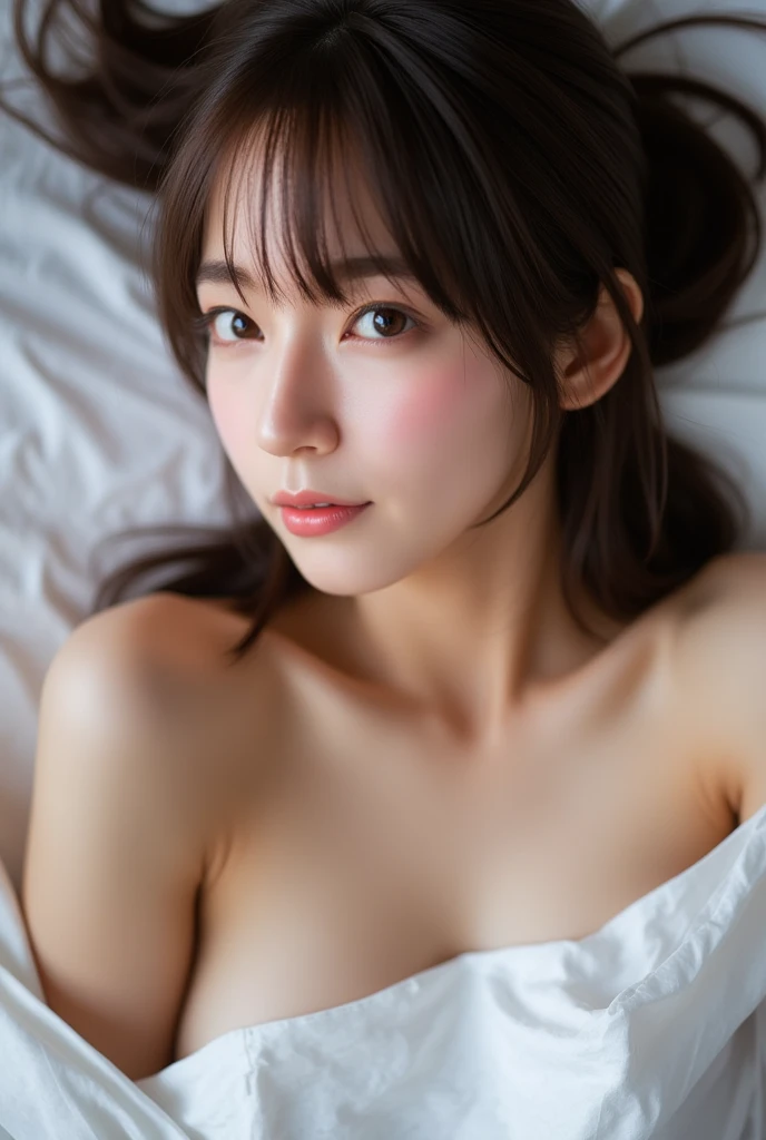 1young girl, kawaii, short bob hair, sexy face, charming, unique, individual, distinctive face, extremely detailed eye and face, fair skin, lace cute See-through bra, beautiful breasts, upper body, (Best Quality, highly detailed:1.2) High-definition raw color photos, professional photograpy, Realistic portrait, raw photo, lying on the bed, light coming in from the window, from above