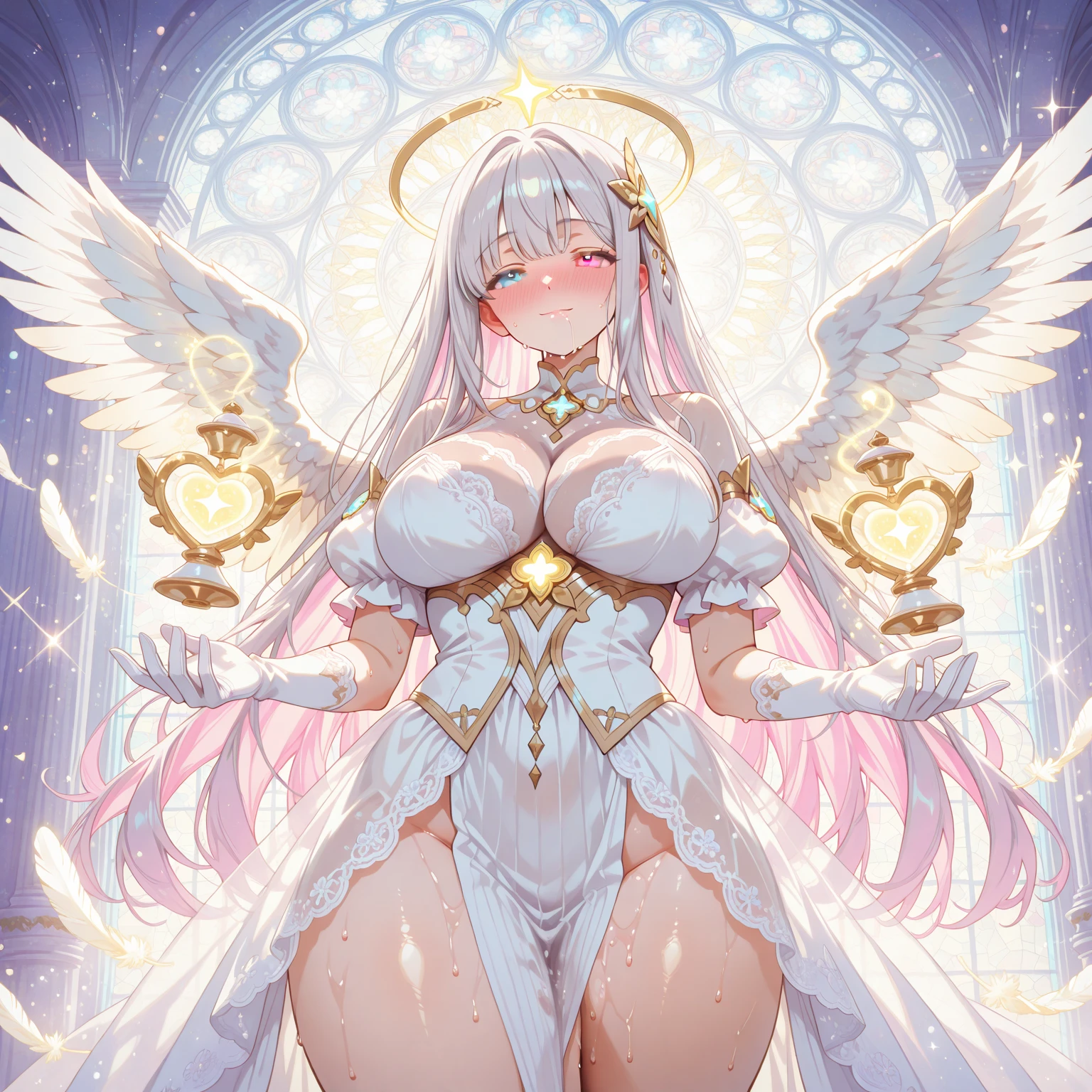Heavenly Emperor, king of light, beautiful woman, Good shape, White Angel Dress, white skin, yellow eyes, long white hair, big breasts, Big butt. 