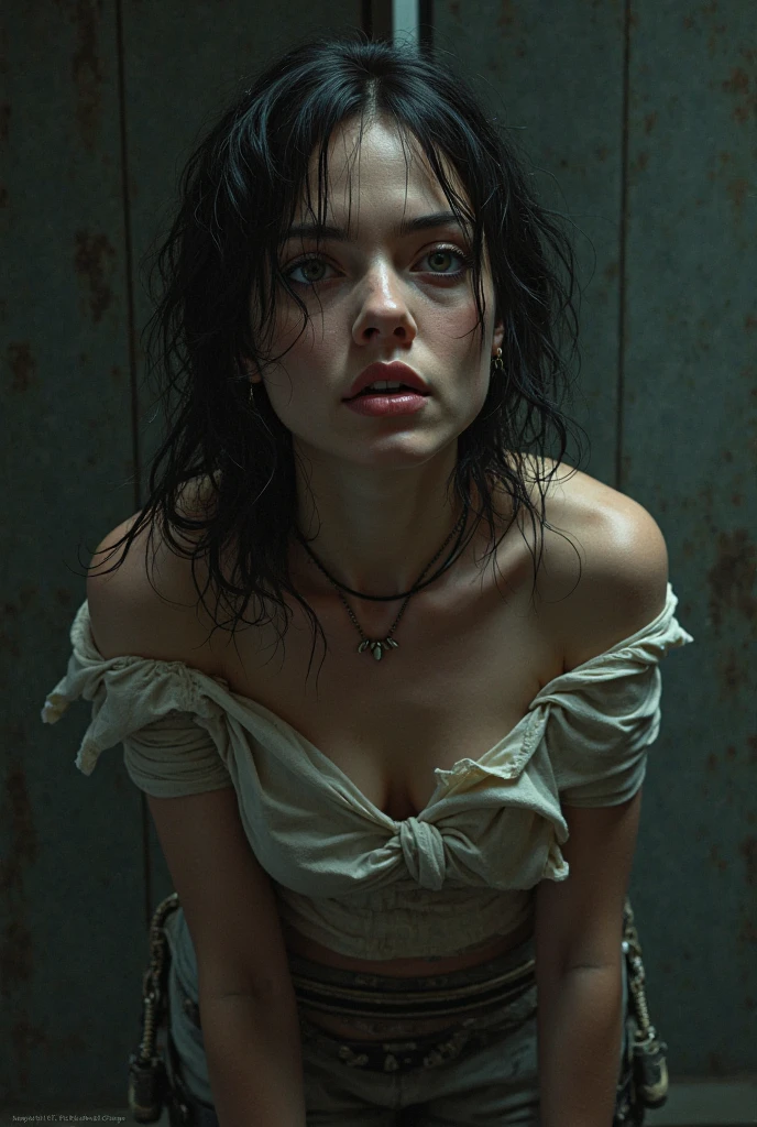 a distressed female prisoner in chains, detailed face, intense expression, ragged clothing, dark prison cell, dramatic lighting, gritty realistic style, cinematic composition, high contrast, muted color palette, strong shadows, depth of field, photorealistic, 8k, best quality, masterpiece