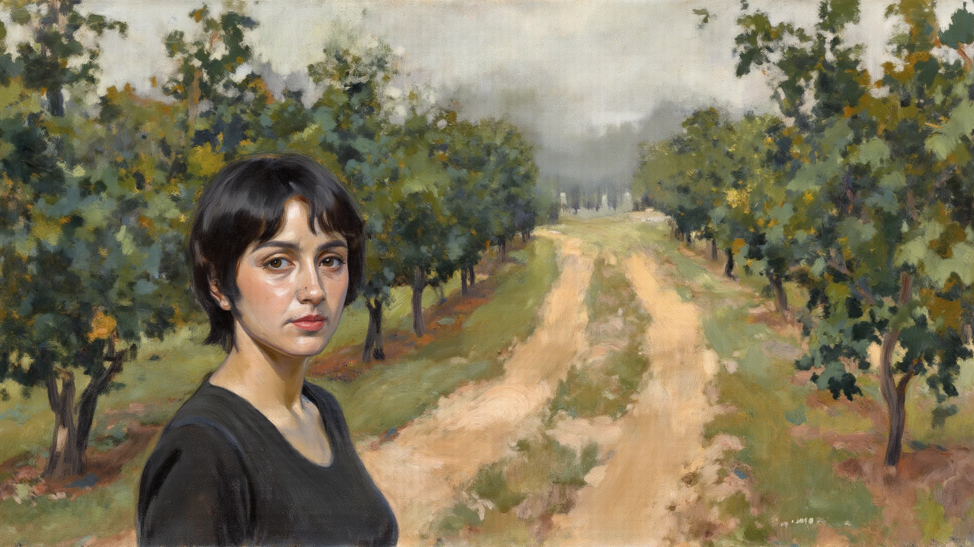 alone in the universe, Paint in watercolor style, Photorealism, discreet golden and ruby and mint shades, (nude) a gentle, modest thin girl of 16 years old with a very beautiful, exquisite face of the southern type with tender nipples walks barefoot in the distance (around the southern town) early morning (along the houses)