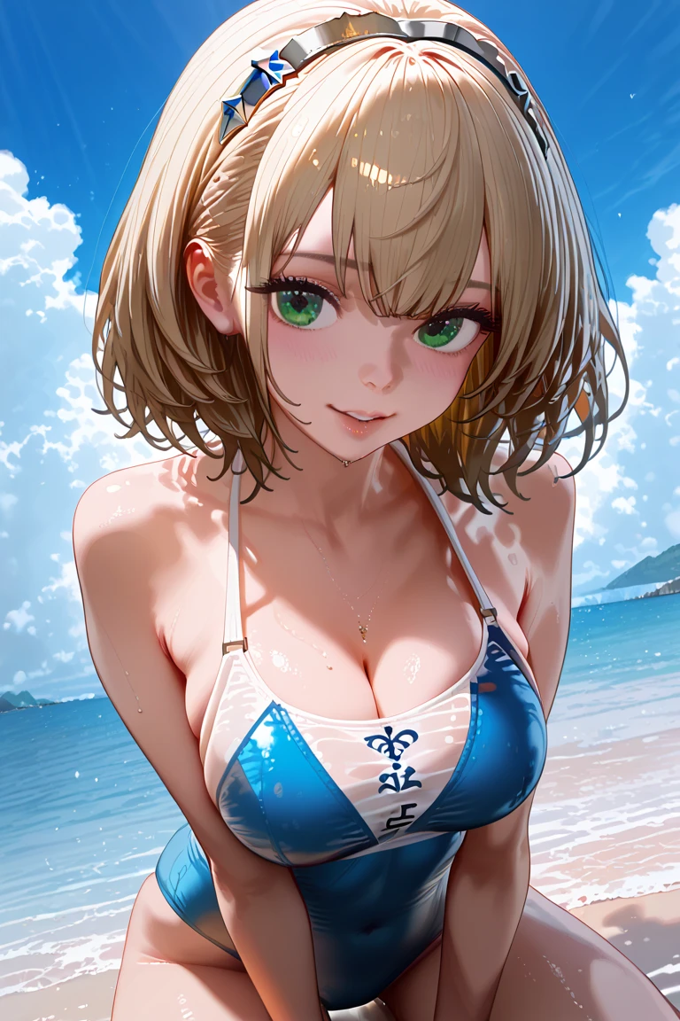 One Woman, Highest quality, masterpiece, Super Resolution, Large Breasts, Idol, Beauty, ((From the front 1.2)), Cleavage, 8k, High resolution eyes, High-resolution contours, ((Forehead visible 1.3)), Stylish, High-resolution pupils, blush, High resolution face, High resolution breasts, Ultra HD, Open your mouth, Upper Body, High resolution mouth, Sexy body, ((Cool face 1.5)), ((Hanging 1.3)), short hair, Broken bangs, Blonde, Yellow Eyes, model, Mature Woman, Adult women, Beautiful clavicle, High resolution hair, Mother, maternal, Micro Bikini, Underboob, Sideboob, Beach,