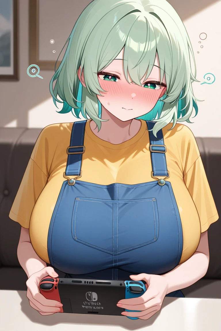 master-piece, bestquality, 1girls,16 years old, View viewers from front, HD, slight smile, big tits, cleavage, under , tights cloth, , tiny body, under tits cleavage, look down, stand up, wide hips, leah, single braid, orange hair, purple eyes, button gap, undersized clothes,