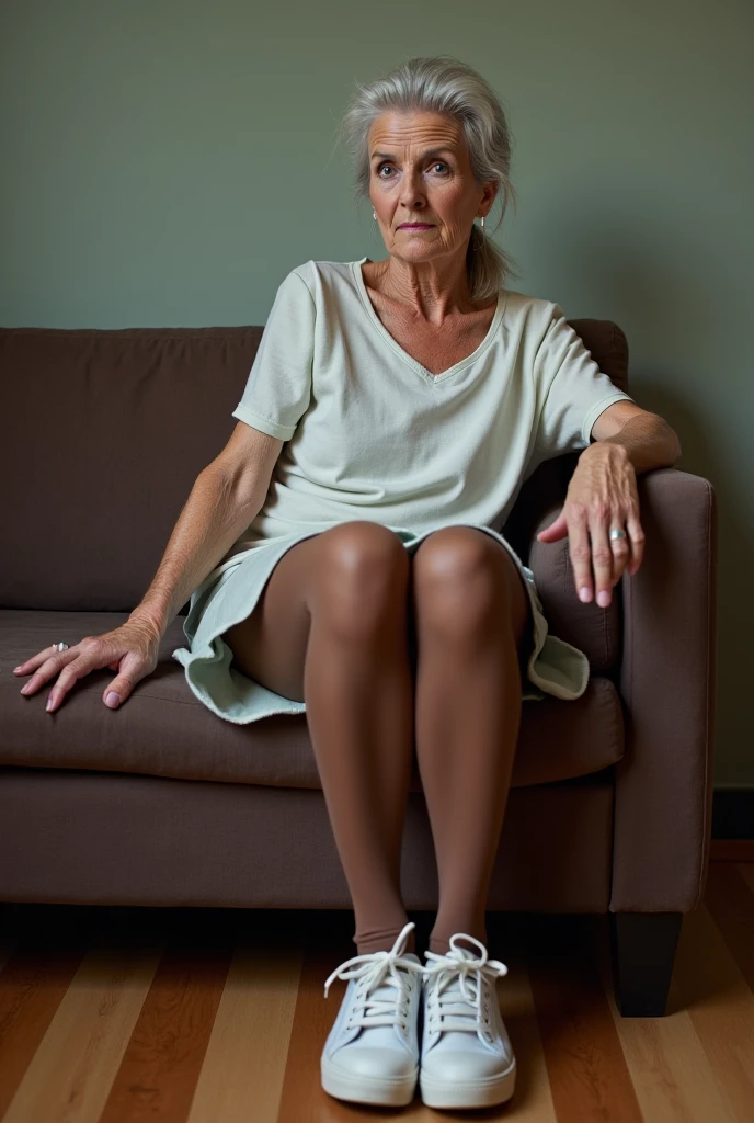 RAW photo, full body, 55-year-old woman, extreme wrinkles, casual t-shirt, sitting on the guest sofa, looking at the viewer, wearing cream shoes, straight forward position, in front of the viewpoint,