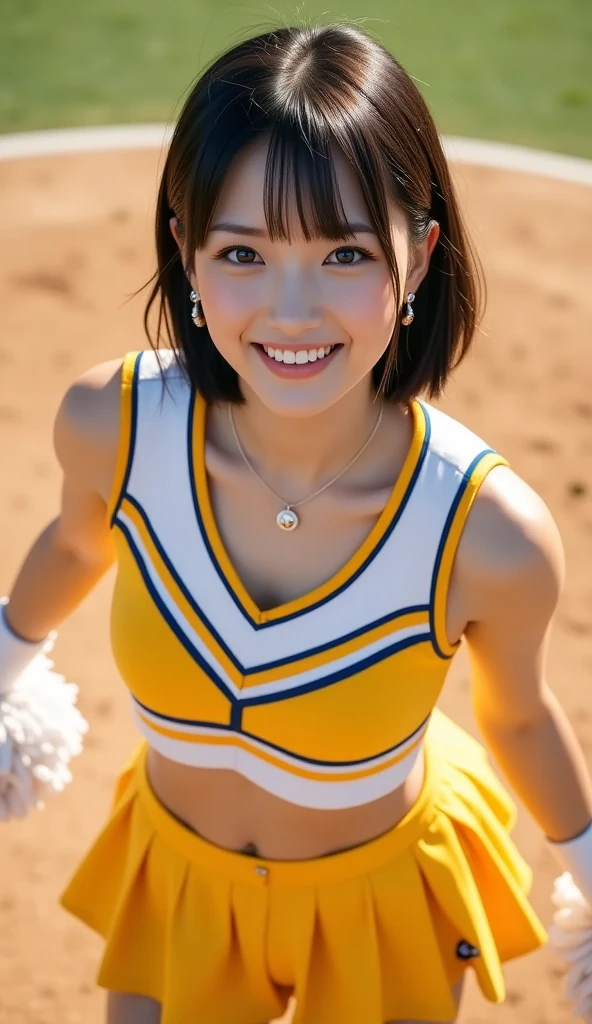 ((8k、32K、Raw photo、highest quality、masterpiece:1.3))、((realistic、Photoreal:1.38))、super detailed、one person photo、beautiful mature woman、Age is 50 years old、Born in the 1970s、cute、soght makeup、Leave your face as it is、((under the blue sky:1.3))、((on the lawn:1))、((spread your legs for the audience))、((Do not cover your crotch with both hands:1.5))、(stick out one's chest:1.8)、((Posture as if straddling a Japanese-style toilet))、((Squats with M-shaped legs:1.3))、((sensational provocative pose:1.25))、頭のblackい毛、(Virgin genitals fully visible to the audience:1)、small amount of red pubic hair、((exposed chest:1.26))、((Breast size is B cup:1))、happy bright smile、beautiful teeth、(nose becomes red)、((laughter:1.25))、enchanting smile、Dimples、(photon mapping)、professional lighting、illuminate the front of the subject、Sony α7R4、Zessie 50mm F1.8、beautiful detail eyes、((Tennis wear that looks like a volleyball player's uniform with thin fabric,yellow,black,white color,In blue、Transparent stocking-like fabric))、(short bob hair:1.35)、(floating hair:1.67)、fluffy hair、