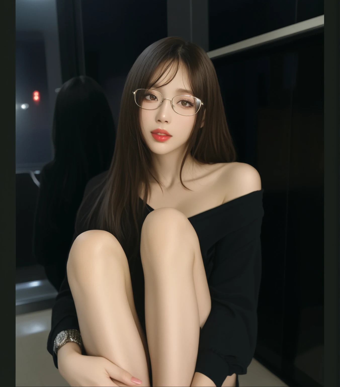 1girl, sitting, round glowing glasses, modern black age dress, sitting on white sofa, 4 large muscular black men in the background, (best quality,4k,8k,highres,masterpiece:1.2),ultra-detailed,(realistic,photorealistic,photo-realistic:1.37),HDR,vivid colors,dramatic lighting,cinematic,intricate details,hyperrealistic,chiaroscuro lighting,elegant,graceful pose