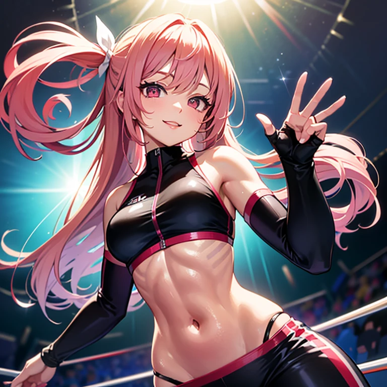 Clouds, Outdoor, fighter, hot flame theme, (masterpiece, , 4K, Best Quality, Anime style: 1.9,, Adult Woman, ultra detailed face, (cloud background, wrestling), Drawing lines, high resolution, Anime, lacus4), 1girl, Solo, curvy figure, very Long hair, 鎖骨, scapular, (Detailed wide hair bangs, Hair Ornament, Detailed reddish-pink hair, golden crest), cleavage, large hands, (female wrestler). (Big blue eyes, shiny eyes), ((female wrestler, thick arms, slender body, broad shoulders, closed fists)), ((perfect proportions, medium breasts, long belly)), (((red micro bikini, red shorts, red wrestling gear, champion))), happy, smile, , (belly dancing, looking at the viewer), , showing off underarm, (elegant lady)