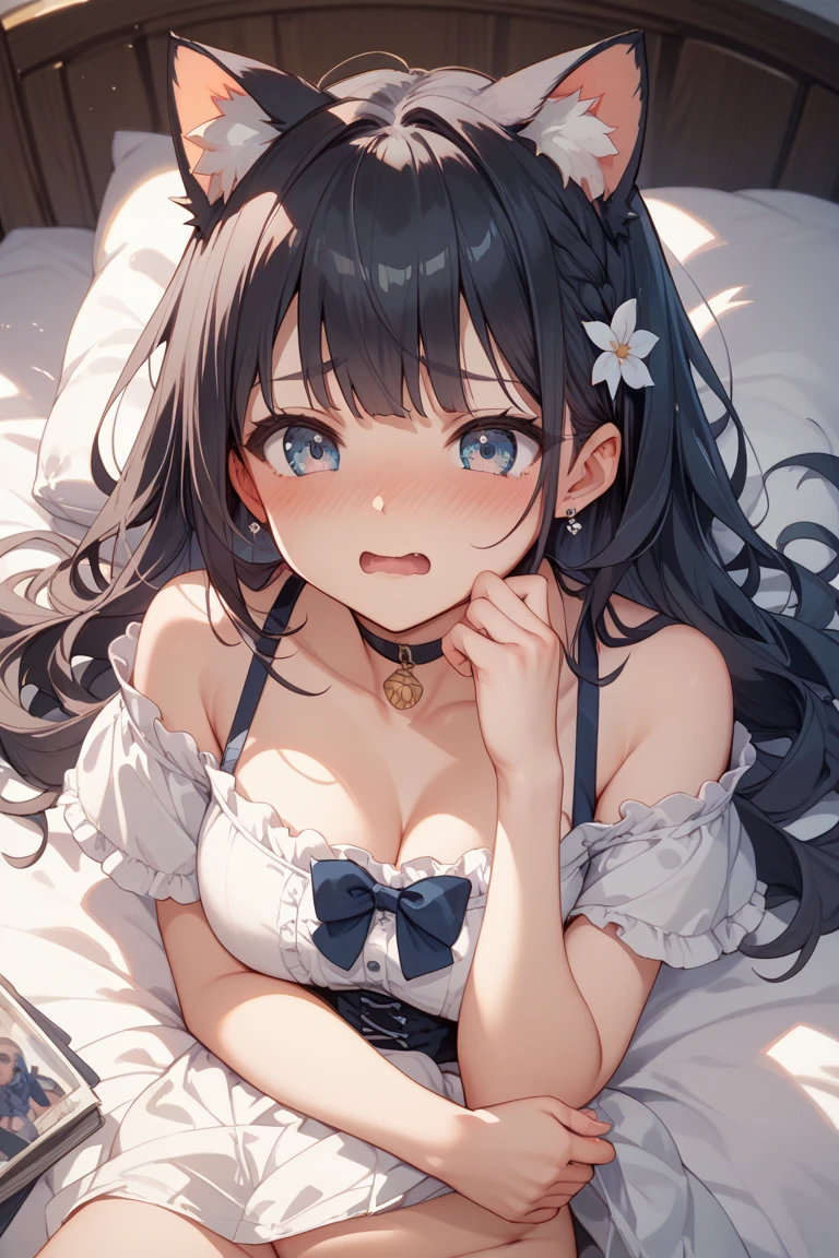 white Bedroom、Sit on the bed, fluffy bed, Green Eyes、Black Hair、Clear Eyes、Gaze Here, breast, pink lace sleepgown, perfect body