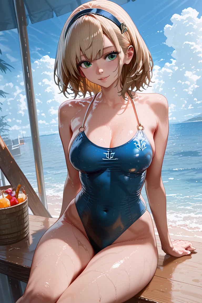 Sexy girl in one piece swimsuit with V-shaped monokini thong