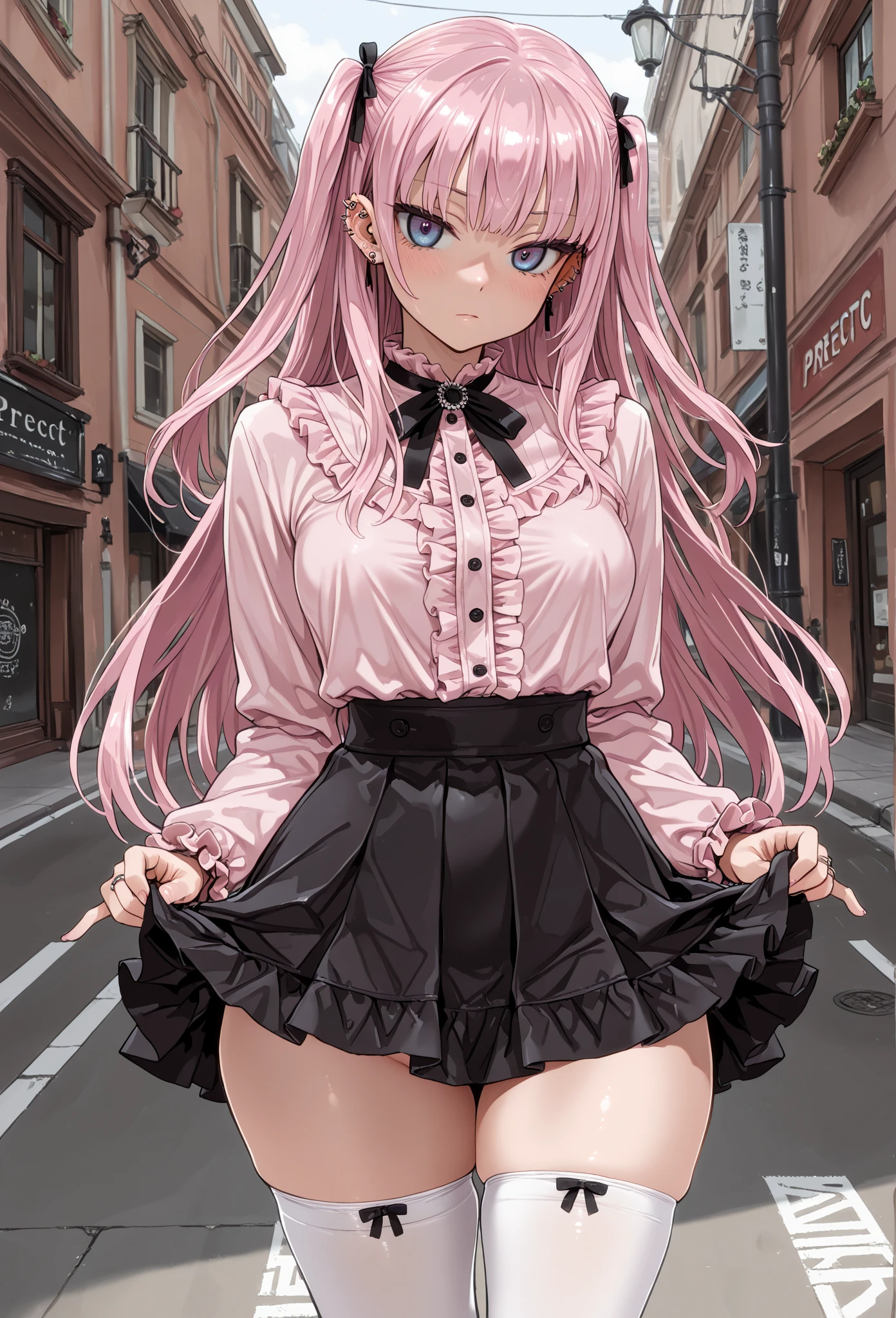 女性は紺のメイド服を着てskirtを街を歩いている, alone, skirt, panties, underwear, (shiny dark pink satin panties:1.3)、横紐レースpanties that cover the butt、Liar, Thighhighs,skirt lift , think back, realistic,Looking up angle from the back