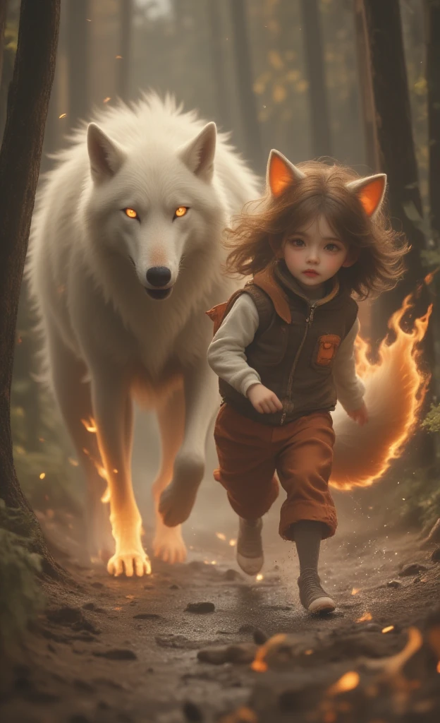 A boy with red hair stand near the fire wolf in a fire hurricane