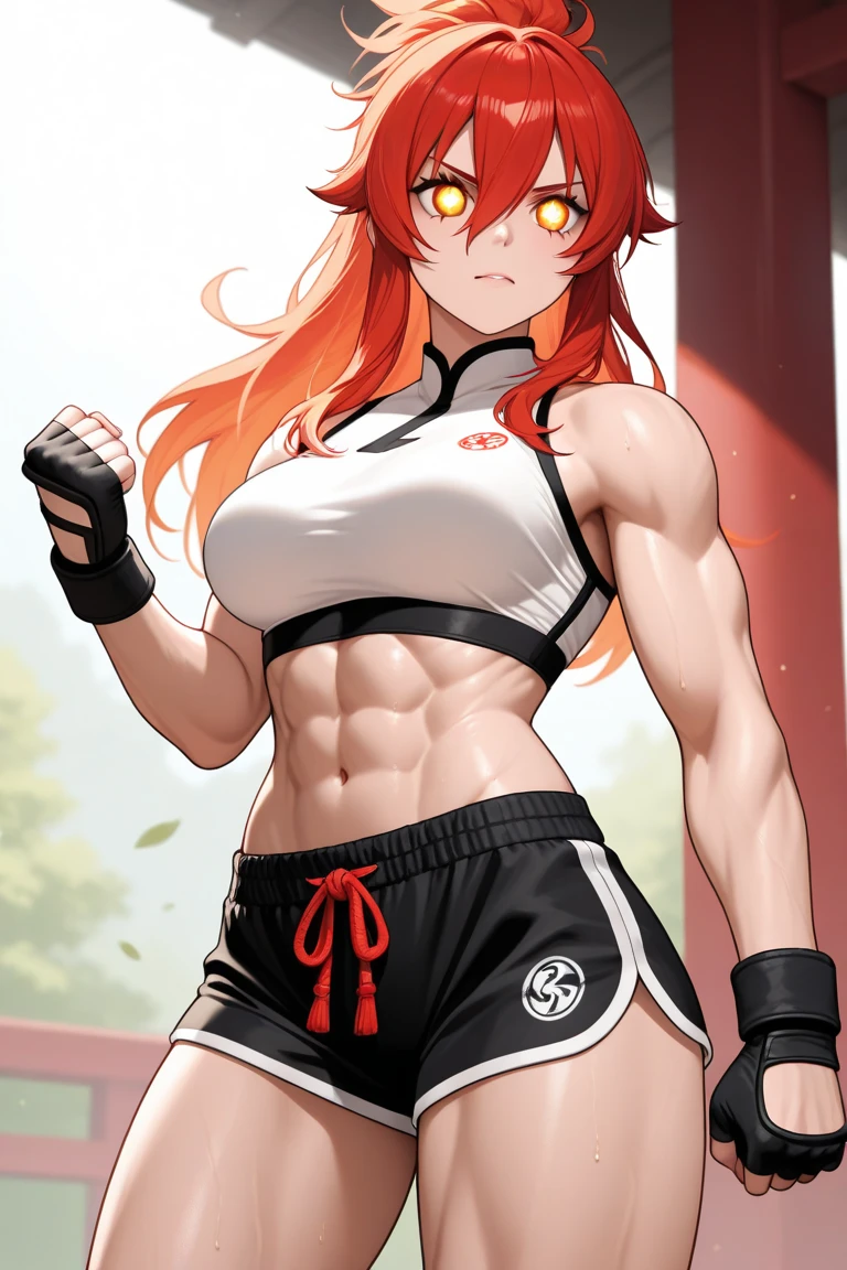 1 girl, redhead, 25 (years old), (intricate detail: 0.9), (hdr, hyper-detailed: 1.2) Tomo chan, Tomo, tomo chan red eyes, flawless, detailed face, eyes aligned, looking at viewer , focused, red hair, short hair, fangs, dressed as a fighter MMA, MMA, abs, toned abs, muscular girl, muscular female, view abs, full body, tomboy. DOJO karate background, detailed background, complex background, intricate background.