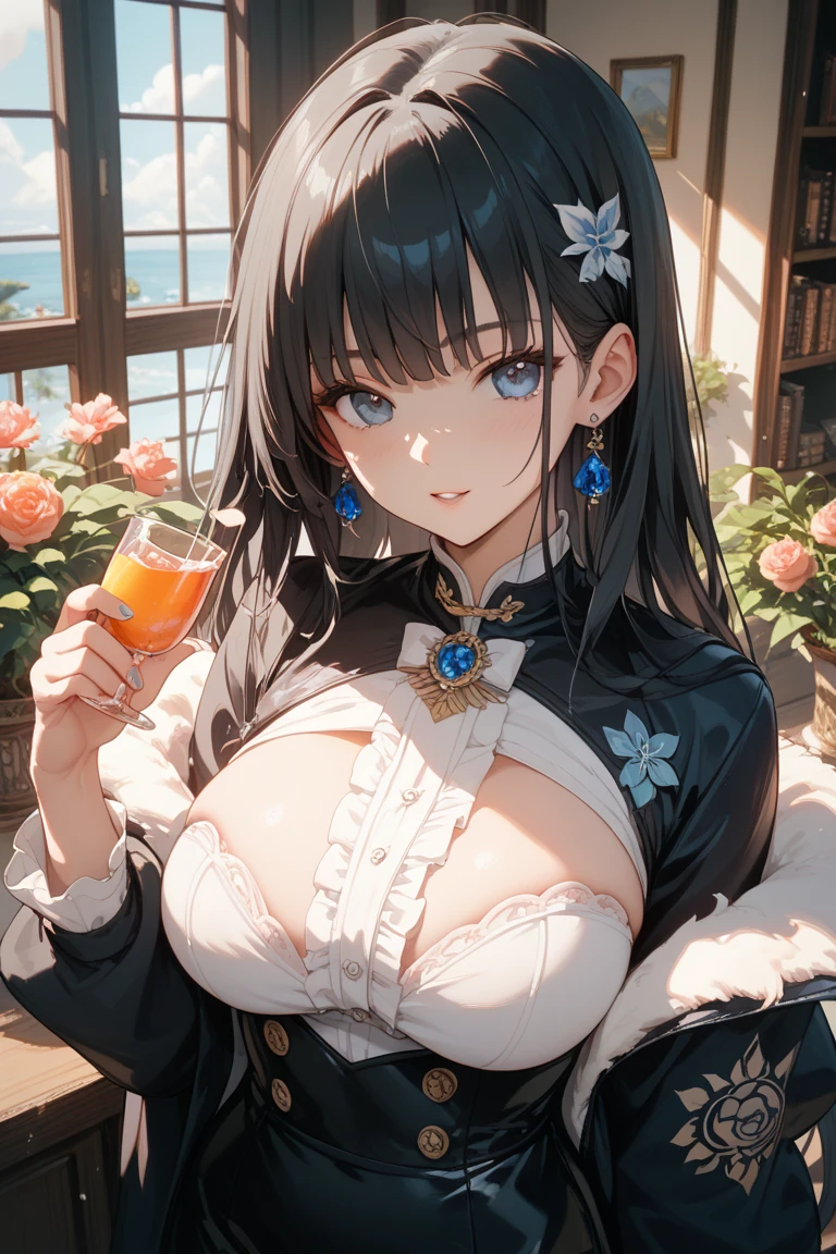 Masterpiece, high quality, 4K, best quality, Paris France city background, Ruan Mei had light brown hair, casually tied into a bun with a few safety pins and ribbons. Her clothes are dominated by blue and white, her dress is made in the traditional Luofu Xianzhou style , sitting on a cafe chair, and on the table there is a foamy drink,Become a,Large Breasts,Lipstick,Smile