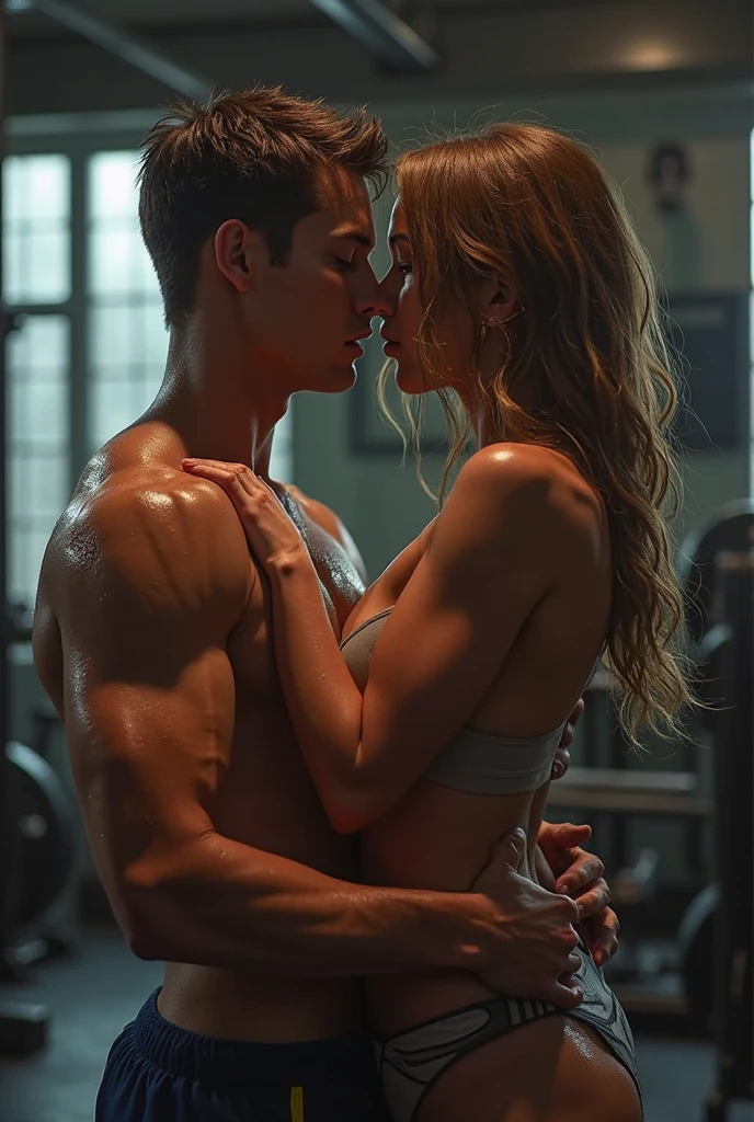 blond girl and man only wearing running shorts, facing each other, dimm light, she touches his sixpack