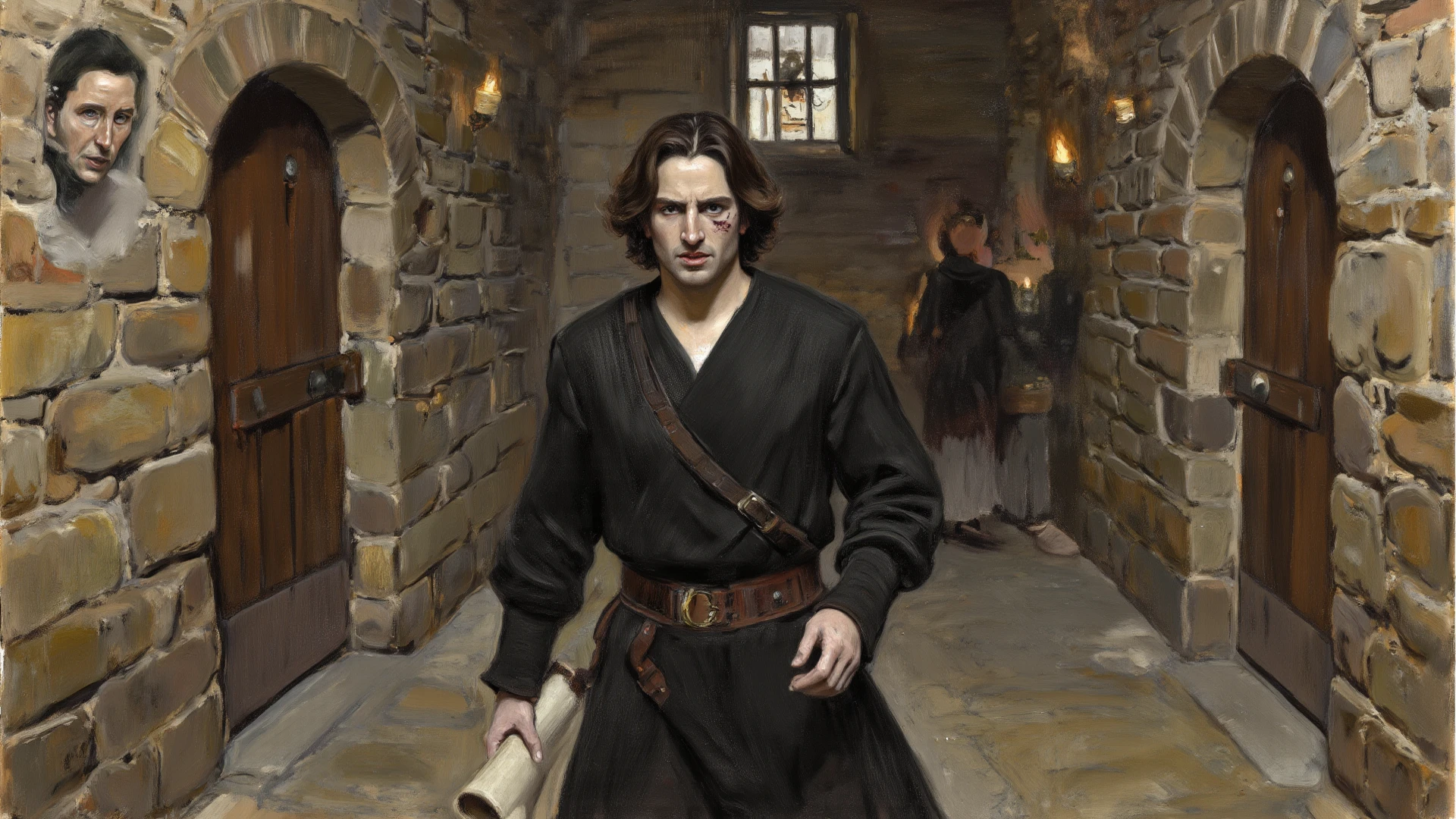 young man, very thin, bald, with black beard, magician, wrapped in dark energies,moon, castle, black and white image, between shadows, oil painting, chiaroscuro, dramatic lighting, moody atmosphere, photorealistic, intricate details, masterpiece, ultra-detailed, high quality, 8k, best quality, realistic, cinematic, dark and brooding, expressionistic, powerful composition, emotional impact, art inspired by Bill Sienkiewicz and Dave McKean
