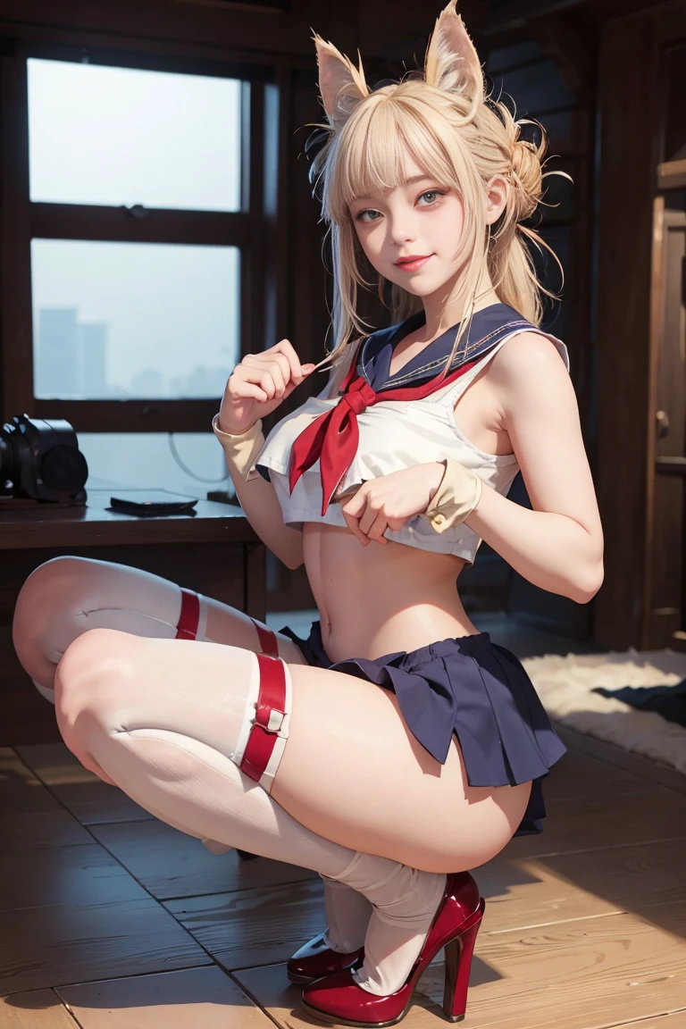 最high quality、super detailed、very detailed、realistic、(masterpiece:1.1)、high quality、(high resolution)、woman、Idol、22 years old、laughter、embarrassing、blush、thin、pale skin、bright blonde hair、wavy hair、medium hair、(hoodie、\(See-through\)skirt)、NSFW、、pink panties、pantyhose、white knee highs、cleavage