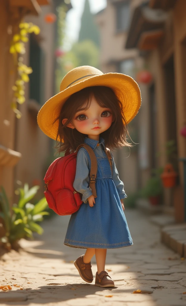 a cute girl looking back, holey backpack, ((disgusted look)), pumps