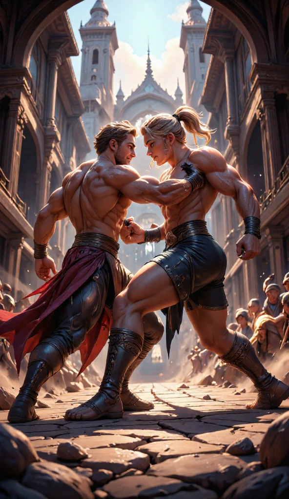 Up next were two barely clothed men, who started to grapple each other with their bare hands, in colloseum, gladiators, full of crowd