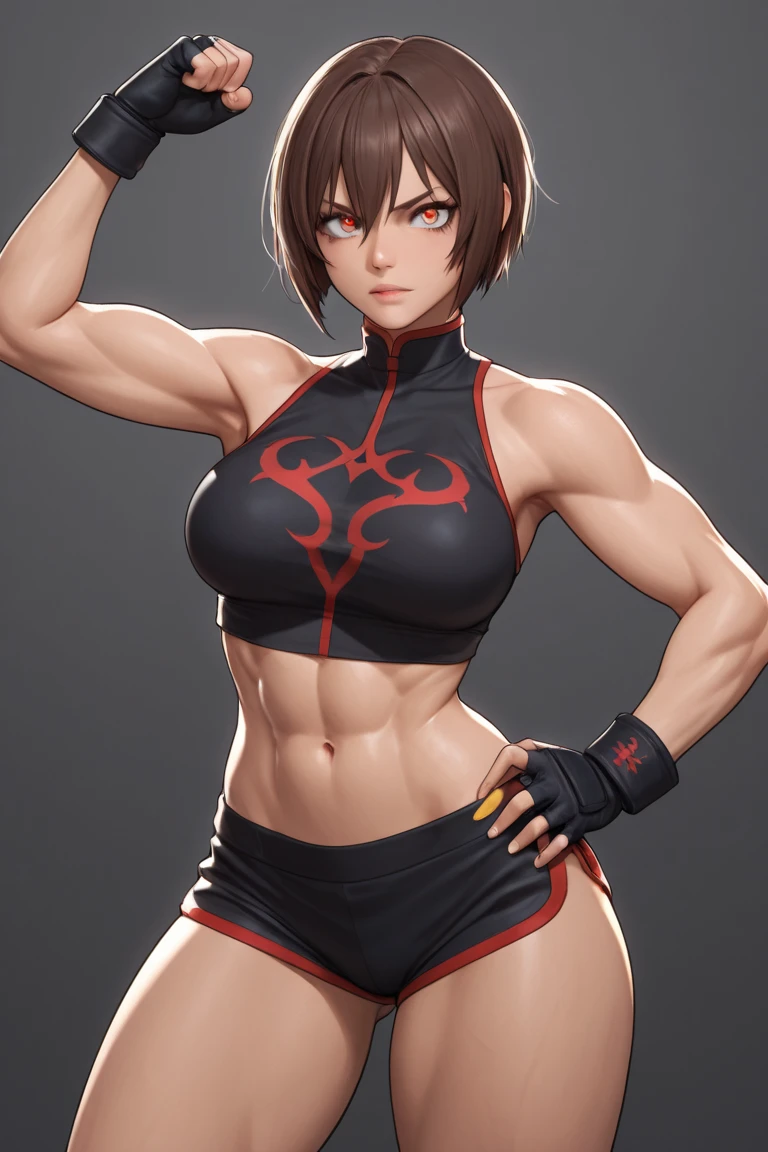 masterpiece, best quality, ultra detailed, ultra high resolution, very detailed face, solo, ((anime)), ((16 years old japanese girl)), (((black tanktop, croptop, bikini))), (((crimson bob hair))), ((sweat:1.2)), (((six pack abs:1.25))), (((medium breast))), ((serious face, teeth)), on the boxing ring