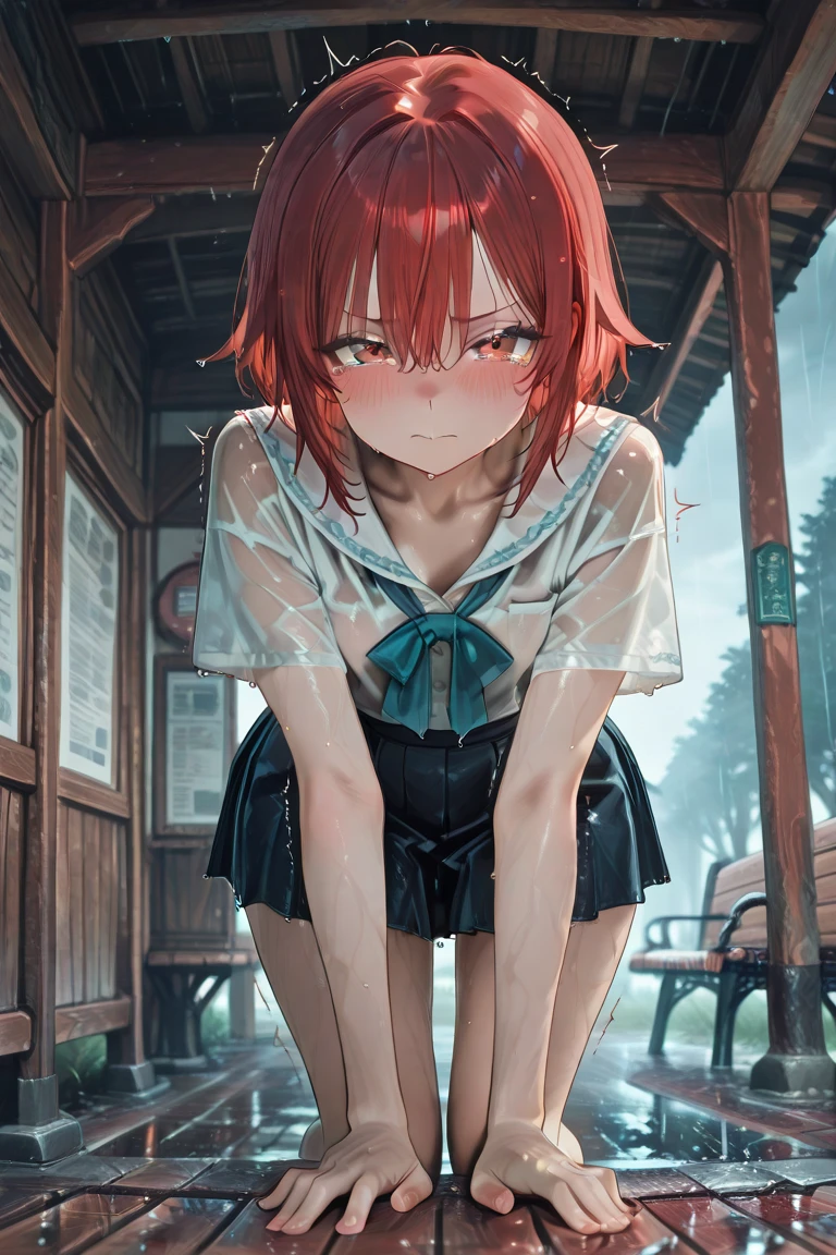 Beautiful girl with short red hair、Shoulders are visible、Ragged hair、Black miniskirt、red eyes、a red jacket、White camisole、Wear red sneakers、Splashing water at a fountain in the park、Sheer clothes、teats、NSFW,