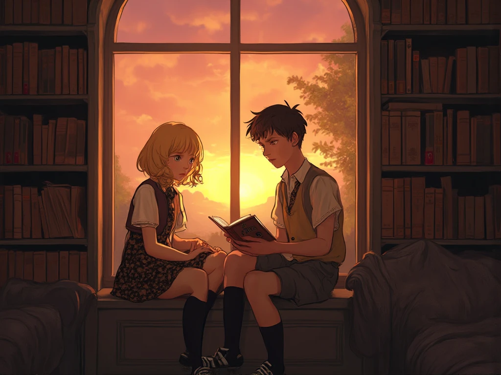 A blond-haired boy and a dark-haired boy sit together cross-legged on the floor of an antique shop that looks like a large library full of books or a treasure trove of old furniture for sale, in a moment of intimacy between them, possibly romantic perhaps. Both boys appear to be around 2.