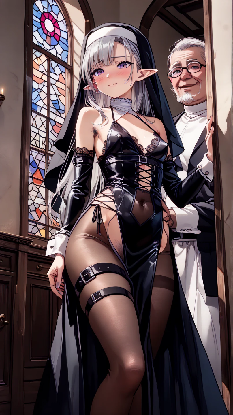 Dynamic shot, dynamic angle, (multiple characters), (((A picture of 2 beautiful succubus dominating sexy nun on a leash))), in nuns crowd, ((2 demon females and a nun)), (nun, bent, pinned, legs spread, chain tied, chained, chain between legs, ass exposed, scared, obedient, insecure, burning halo), (2 beautiful female demons around, dominating, standing above, holding halo, power pose), demons, beautiful succubuses, horror, dark, sexy, rough domination, domination, bdsm, golden chains,(golden leash), collar, beautiful bodies, slim, highly detailed faces, horns, horny, scared, stockings, (white silk lingerie underwear, white stockings, white gloves), leather tight boots, blue light, blue tones, highres, sharp focus