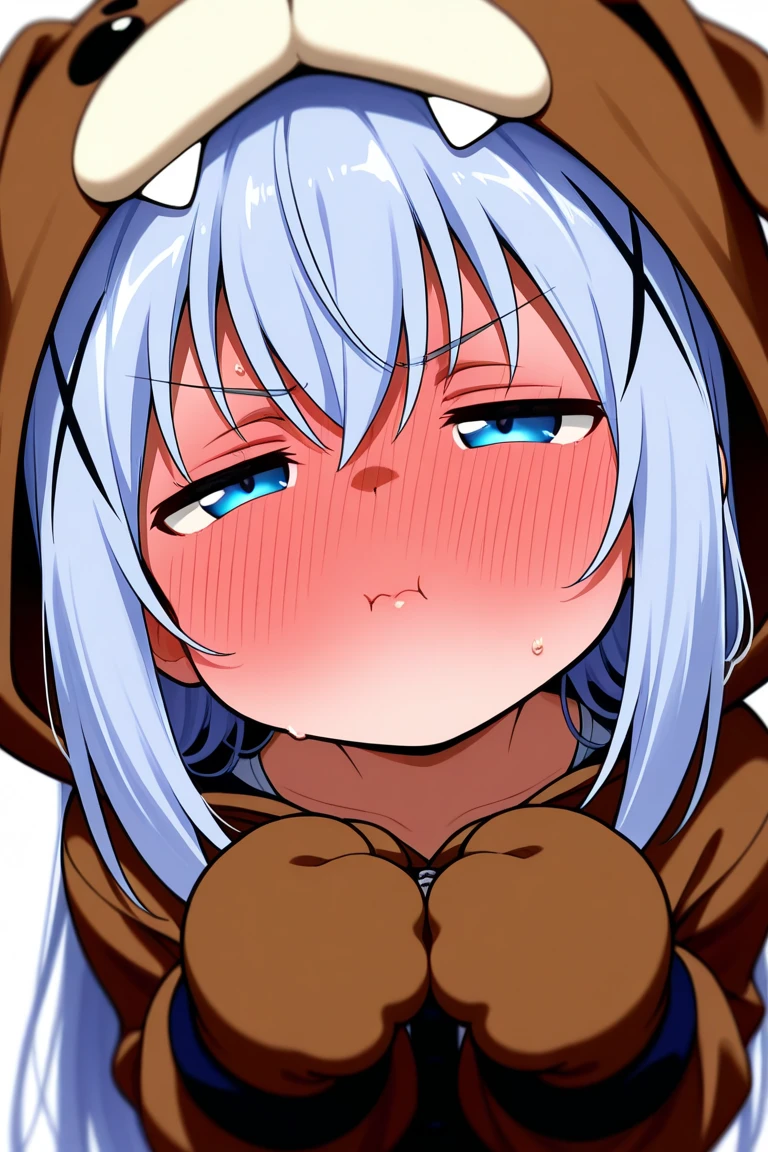 1girl, long white hair, brown eyes, big breasts, nude, disgust face, simple background, chibi style, full stand, nipples, pussy