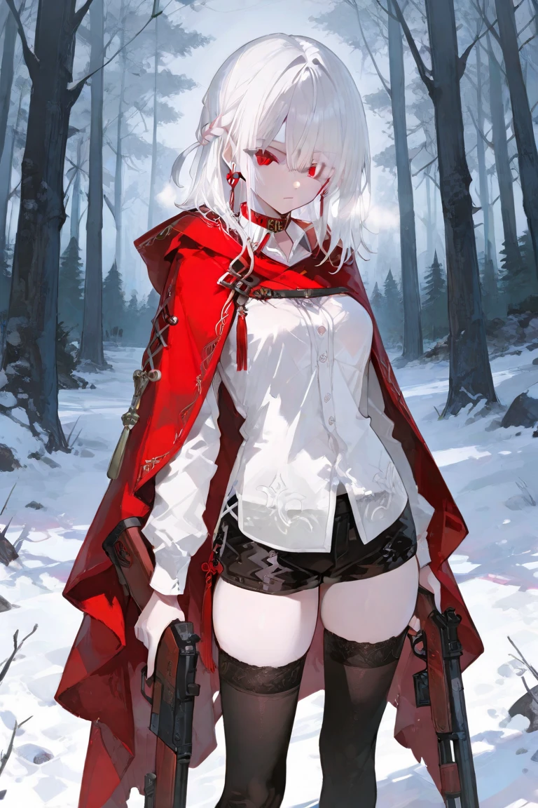 ((blood droplets)), ((blood)), ((blood splatter)), ((blood on clothes)), ((blood stain)), Masterpiece, Beautiful art, professional artist, 8k, art style by sciamano240, front view, Very detailed face, Detailed clothing, detailed fabric, 1 girl, perfectly drawn body, big breasts, fighting pose, beautiful face, long silver hair, blue eyes, very detailed eyes, pink cheeks, shy expression, glasses, choker:1.6, (long sleeve white collar buttoned shirt), black gloves, gloves covering hands, (holding an ax in the right hand), (black leather corset), (shiny black tight mini skirt), sensual lips ,  evening de invierno, show details in the eyes, view from front, looking at the viewer, snowy trail, Snowy forest, evening, Atmosphere, snow