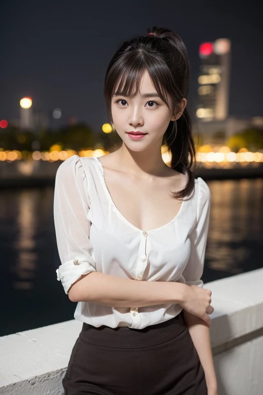 (a tall and pretty EU roman, age28, kind smile, dimpled cheeks, slender abs, short hair, styish bob hair, side bangs, ponytail, ample bosom, wearing pendant or chokeh , korean trendy fashion, white button up shirt, red belt, pencil skirt, Tokyo Tower in background, detailed eyes, double eyelid, best quality, 8k, highres, masterpiece:1.3, realistic, photorealistic:1.37, HDR, UHD, studio lighting, ultra-fine painting, sharp focus, physically-based rendering, extreme detail description, professional, vivid colors, bokeh, cowboy-shot, serenity of night breeze!) 🤤😳👃🏻
