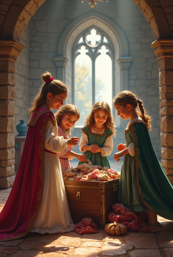 Realistic photography, rococo's style, A greek little boy is wearing gauze a blue and a red crown, and he is handing a golden cup with a white flower to a greek younger girl dressed in a yellow and red outfit. There are six golden cups with flowers placed around them.Stone house in background, a three-dimensional depth.